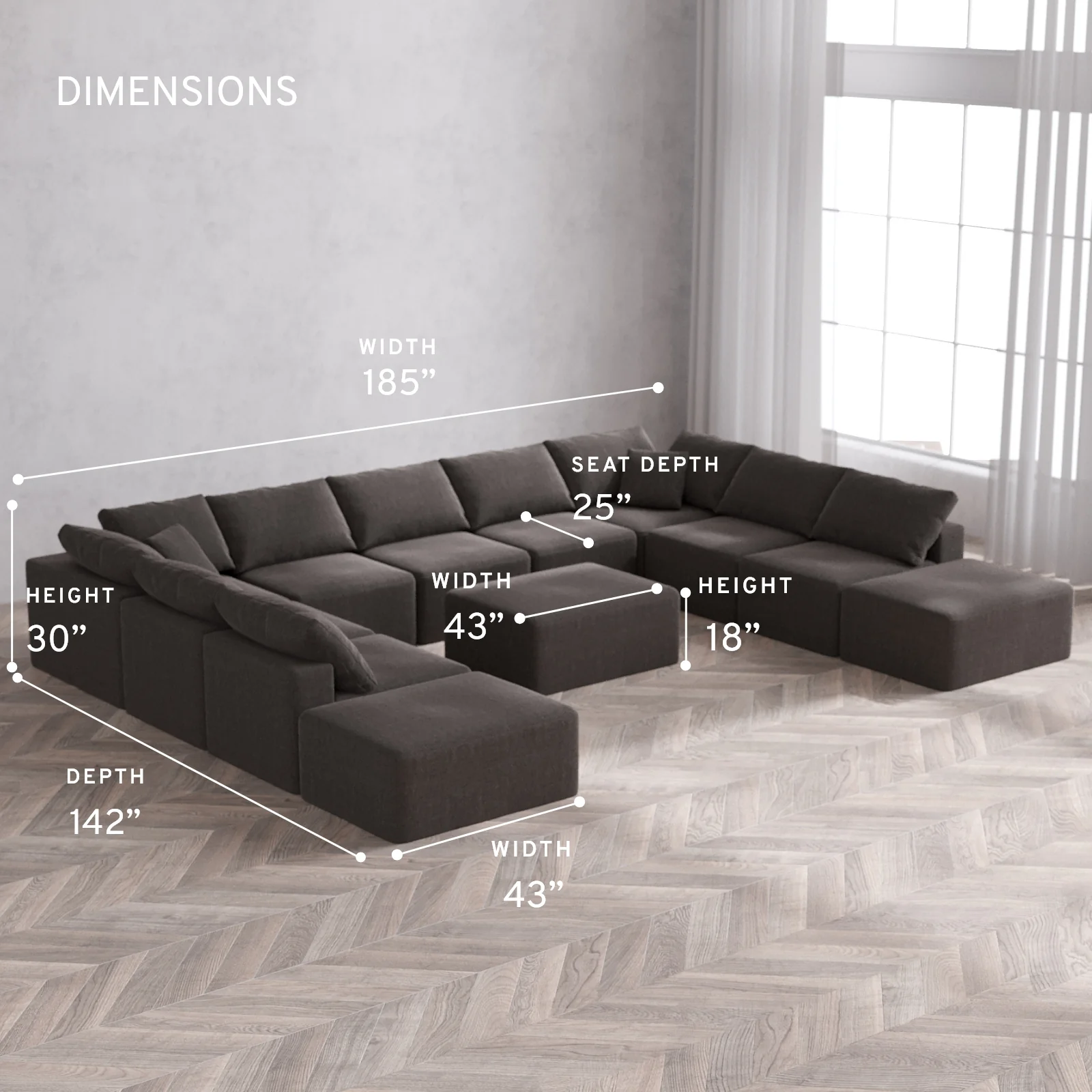 Modular Washable 11-Seater Open-Ends U Sectional + Chaise Ottoman Cloud Sofa | Heirloom Velvet in Truffle - Image 5