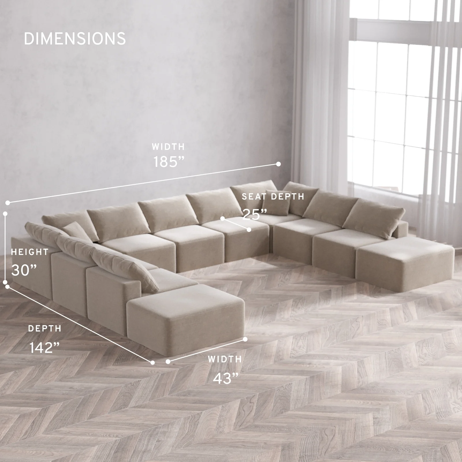 Modular Washable 11-Seater Open-Ends U Sectional Cloud Sofa | Satin Velvet in Caraway - Image 5