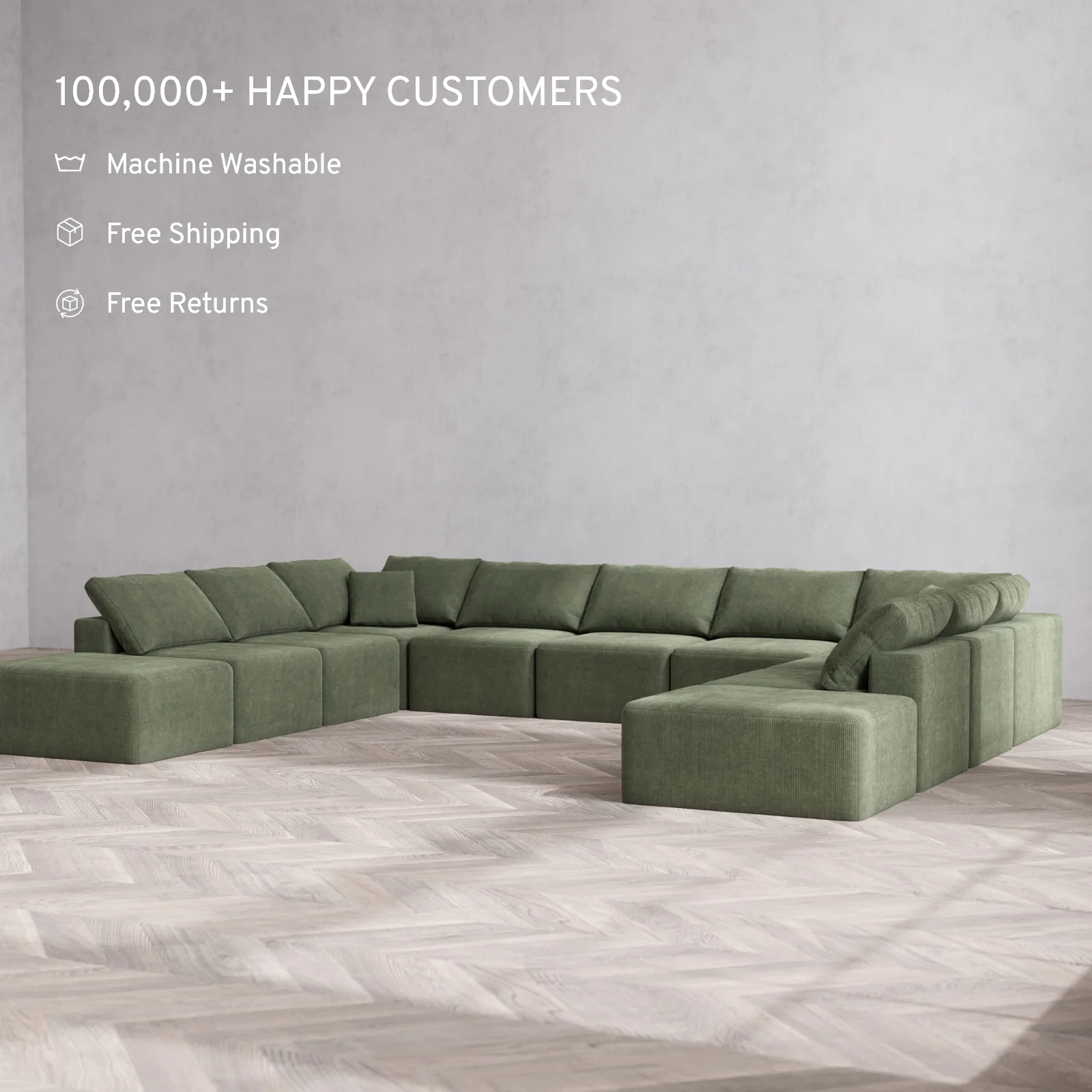 Modular Washable 11-Seater Open-Ends U Sectional Cloud Sofa | Luxe Corduroy in Juniper - Image 2