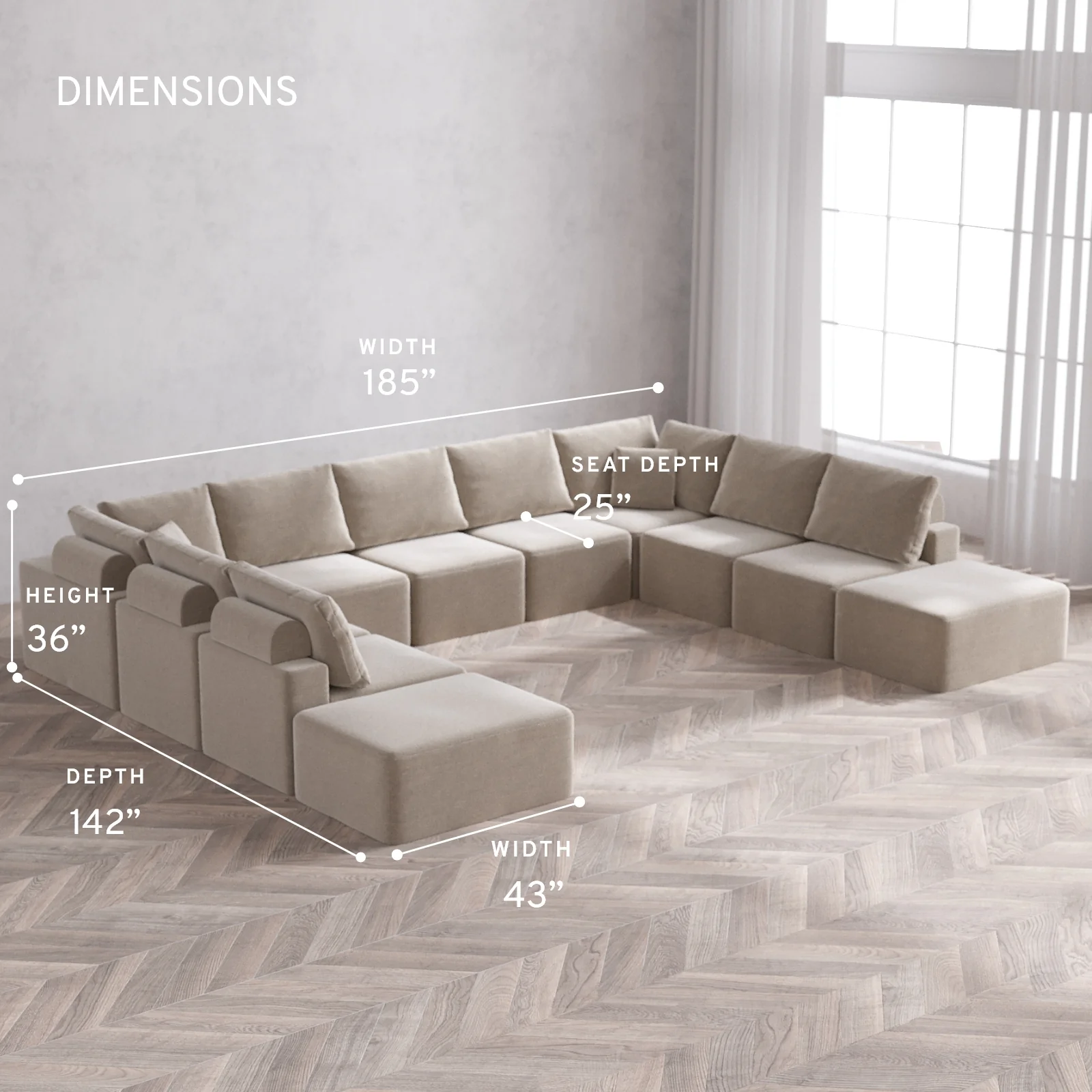 Modular Washable 11-Seater Open-Ends U Sectional Cloud + Bolster Sofa | Satin Velvet in Caraway - Image 5