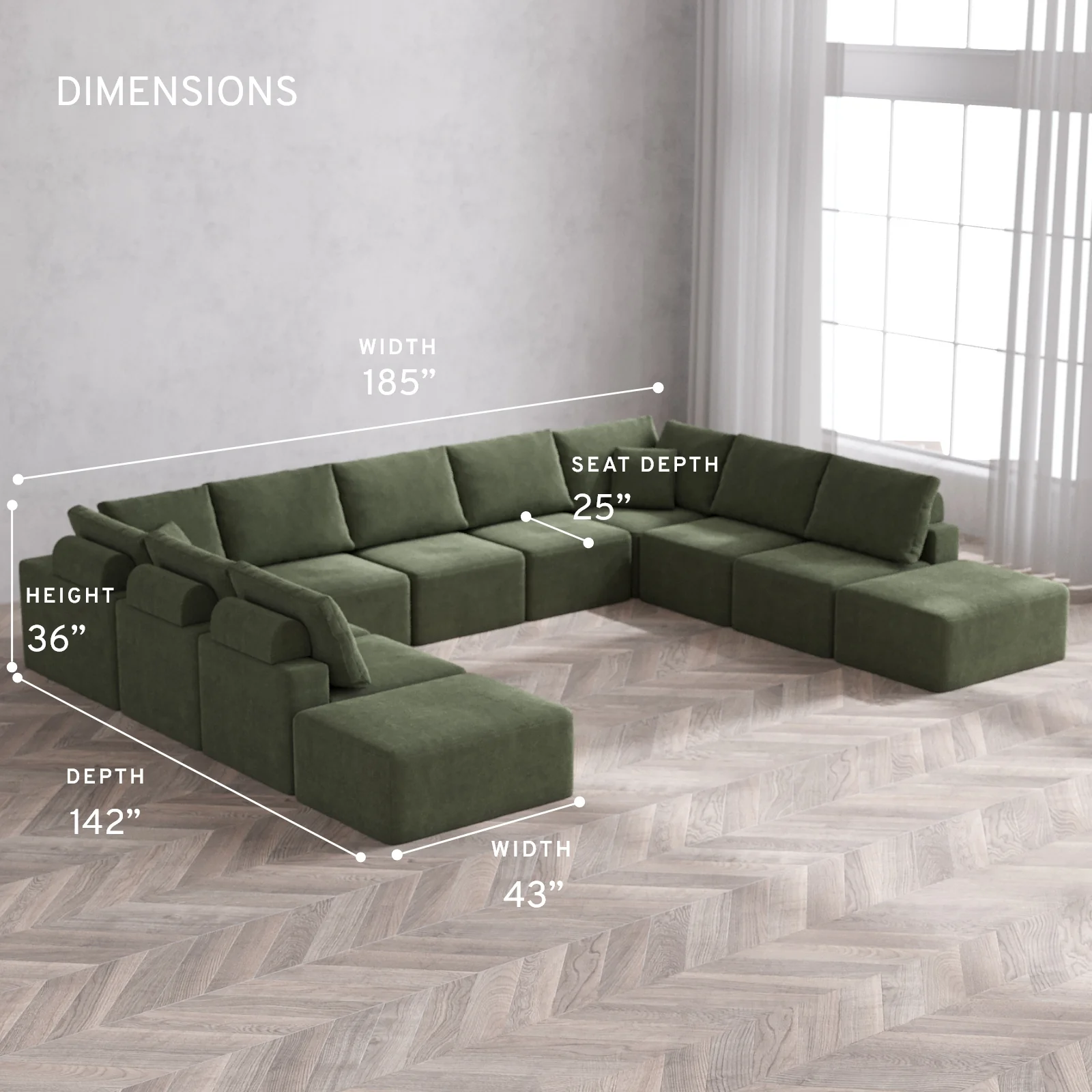 Modular Washable 11-Seater Open-Ends U Sectional Cloud + Bolster Sofa | Luxe Corduroy in Juniper - Image 5
