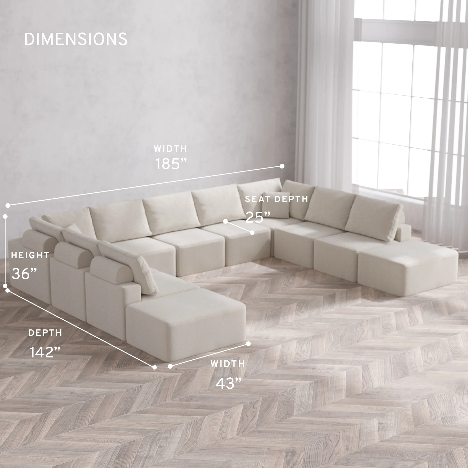 Modular Washable 11-Seater Open-Ends U Sectional Cloud + Bolster Sofa | Lux Weave in Pearl - Image 5
