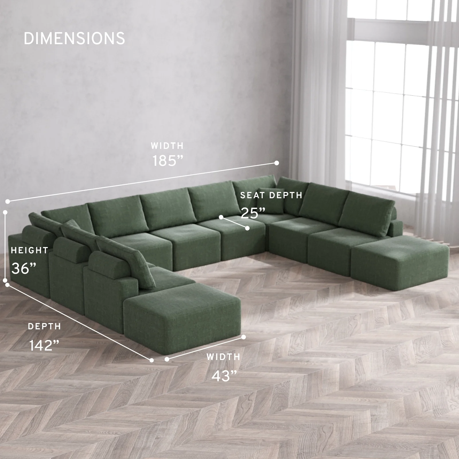 Modular Washable 11-Seater Open-Ends U Sectional Cloud + Bolster Sofa | Heirloom Velvet in Sage - Image 5