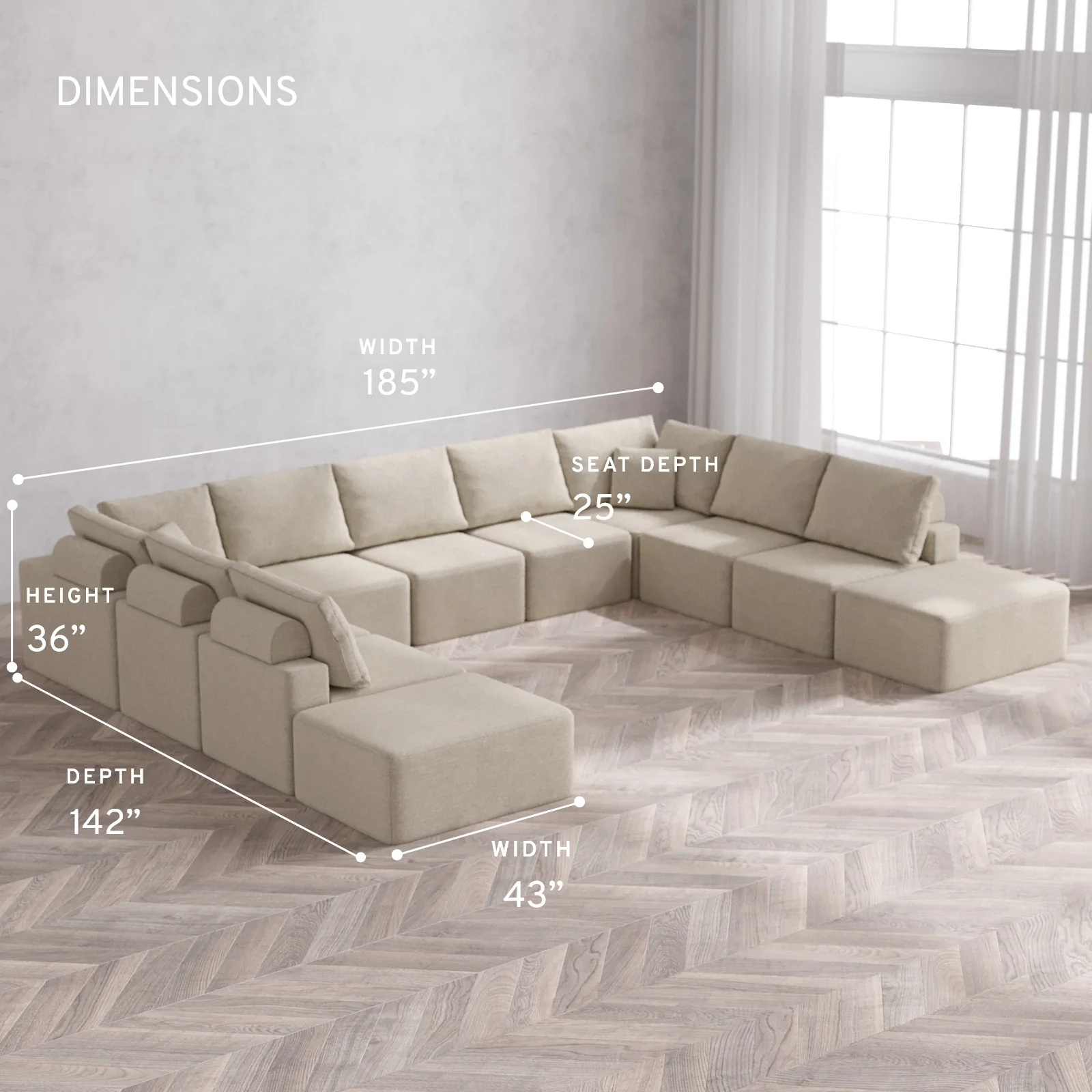 Modular Washable 11-Seater Open-Ends U Sectional Cloud + Bolster Sofa | Plush Twill in Sandstone - Image 5