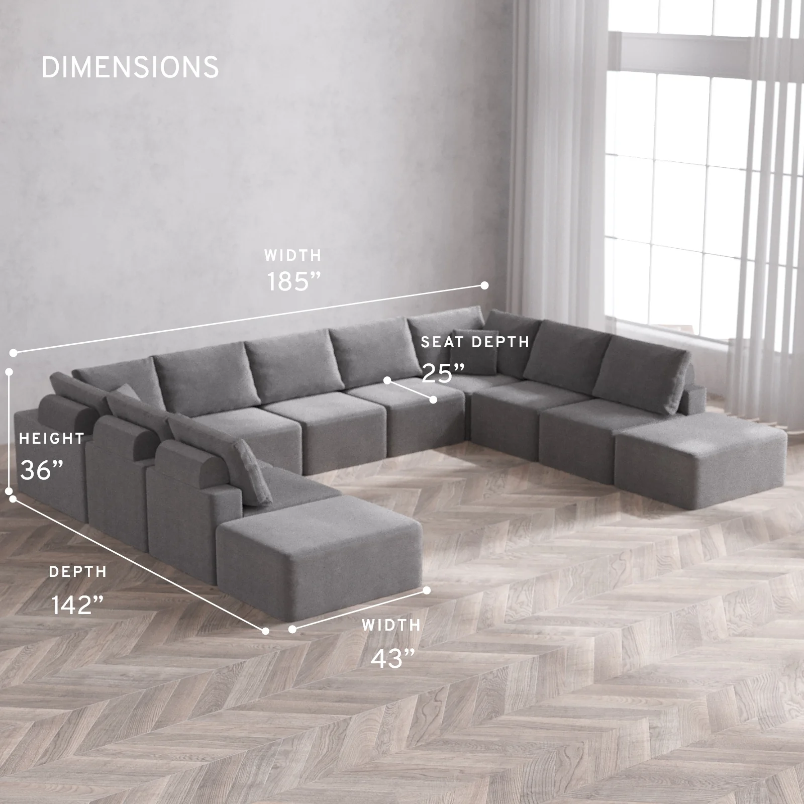 Modular Washable 11-Seater Open-Ends U Sectional Cloud + Bolster Sofa | Lux Weave in Slate - Image 5