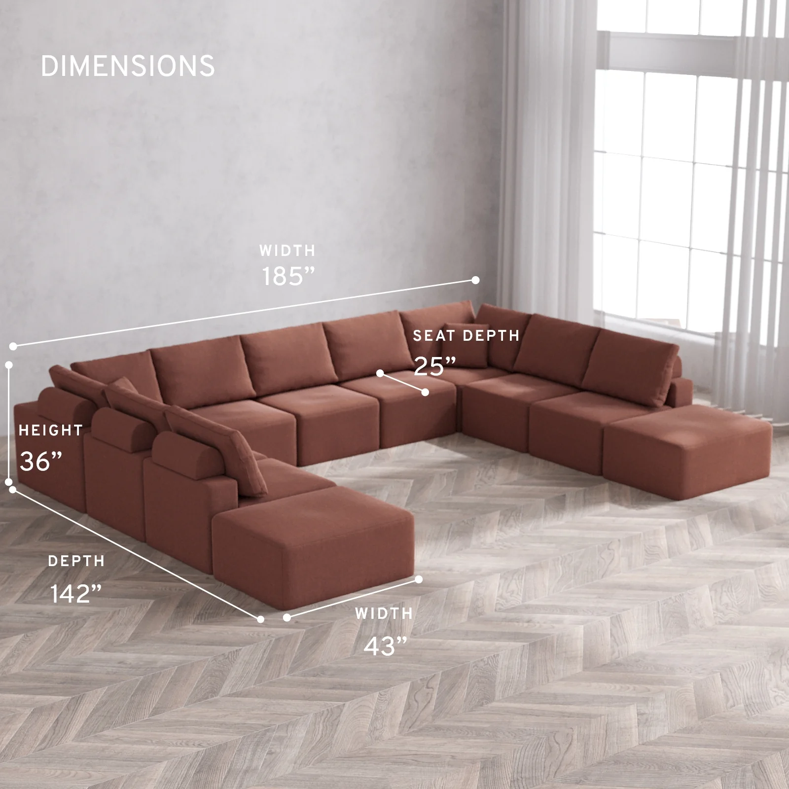 Modular Washable 11-Seater Open-Ends U Sectional Cloud + Bolster Sofa | Heirloom Velvet in Sumac - Image 5