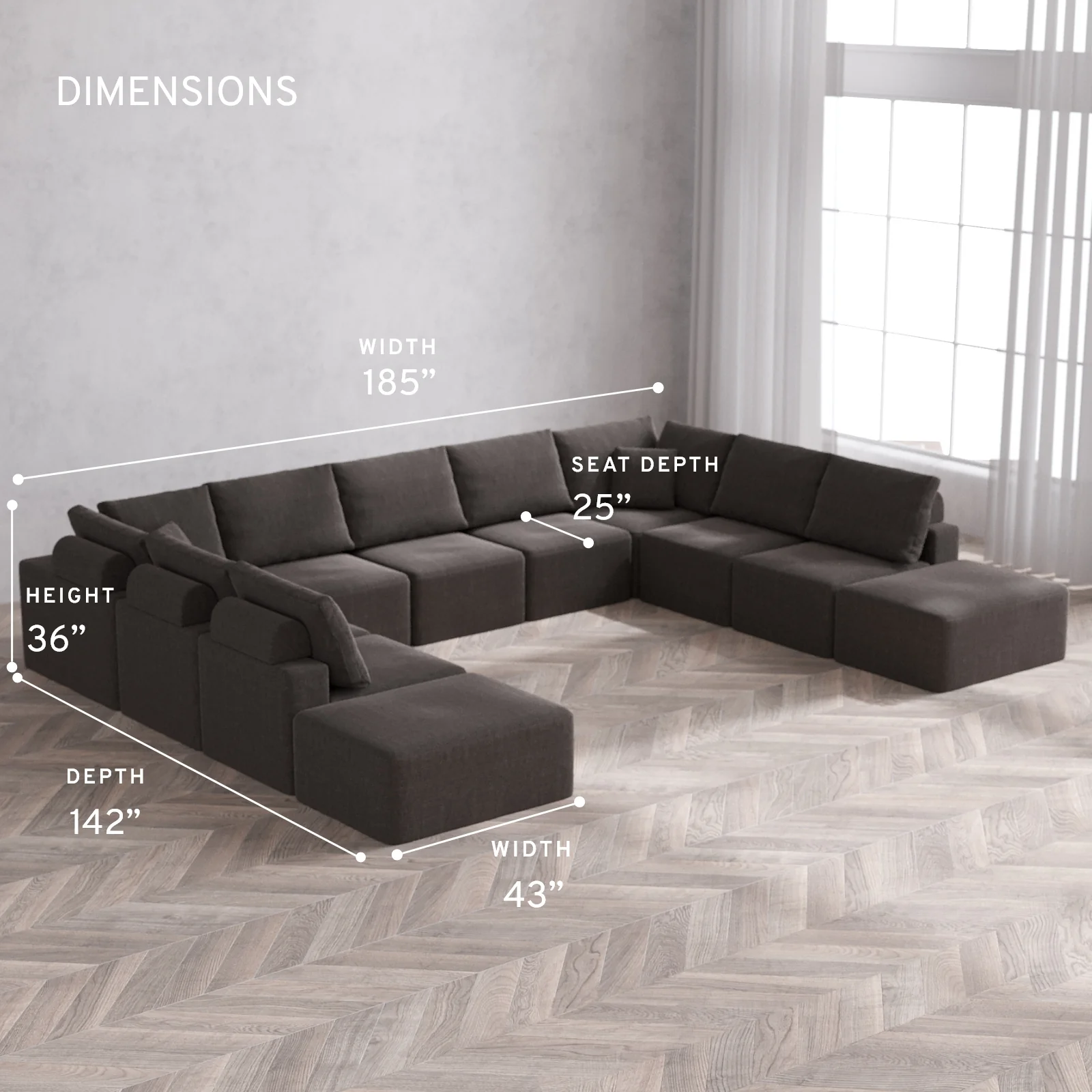 Modular Washable 11-Seater Open-Ends U Sectional Cloud + Bolster Sofa | Heirloom Velvet in Truffle - Image 5
