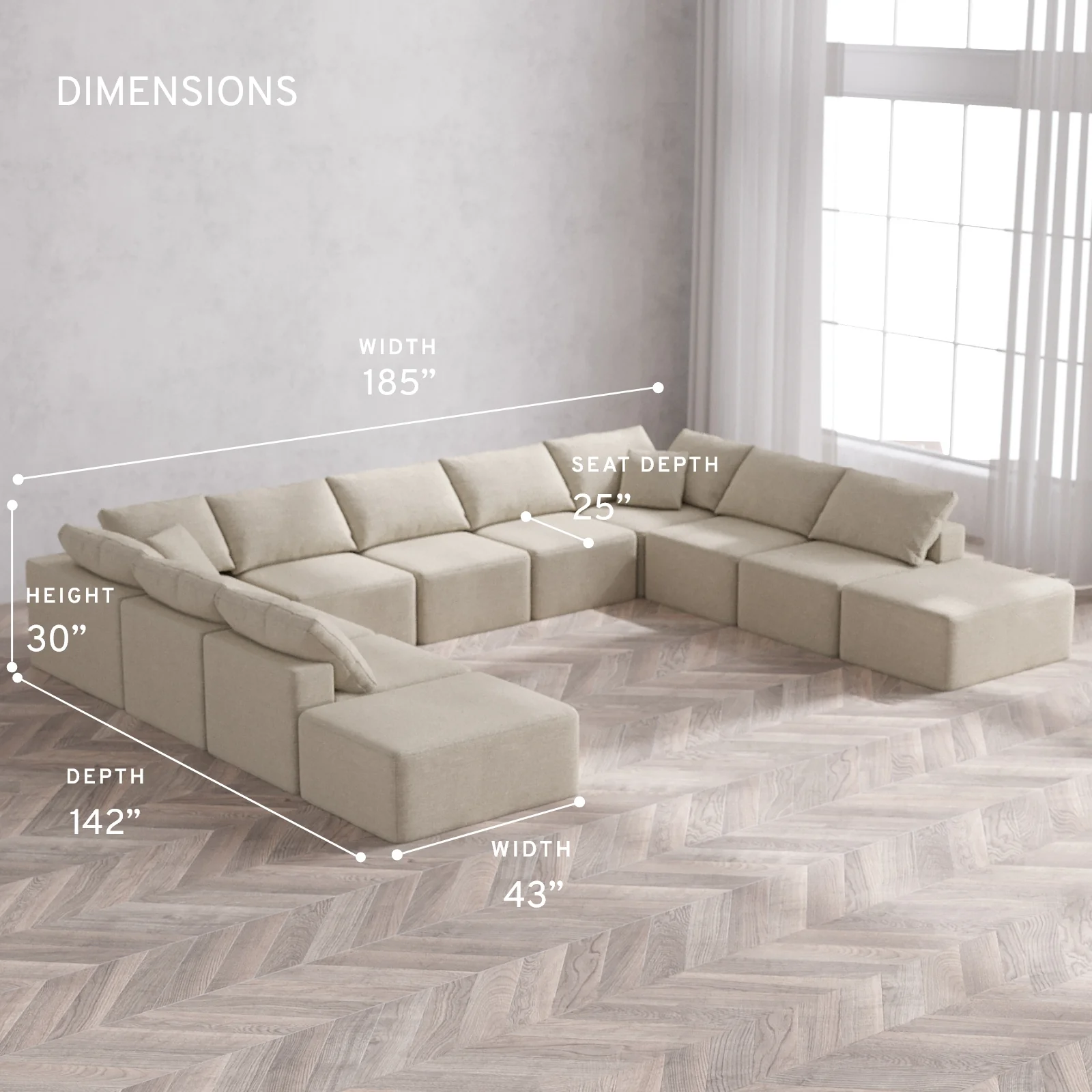 Modular Washable 11-Seater Open-Ends U Sectional Cloud Sofa | Plush Twill in Sandstone - Image 5