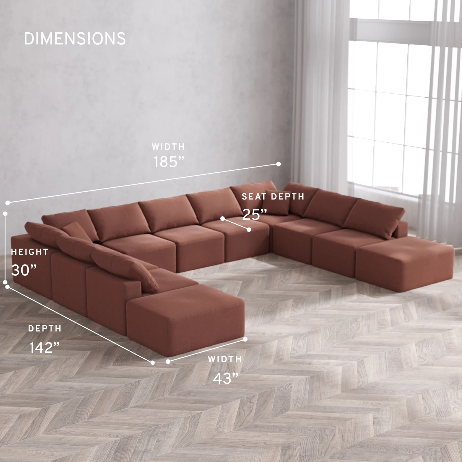 Modular Washable 11-Seater Open-Ends U Sectional Cloud Sofa | Heirloom Velvet in Sumac - Image 5