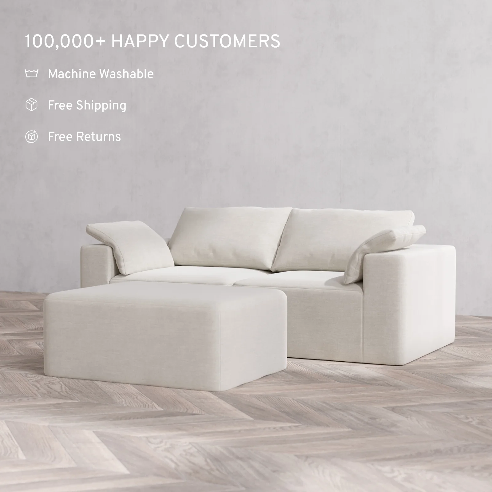 Modular Washable 2-Seater + Chaise Ottoman Cloud Sofa | Satin Velvet in Cashew - Image 2