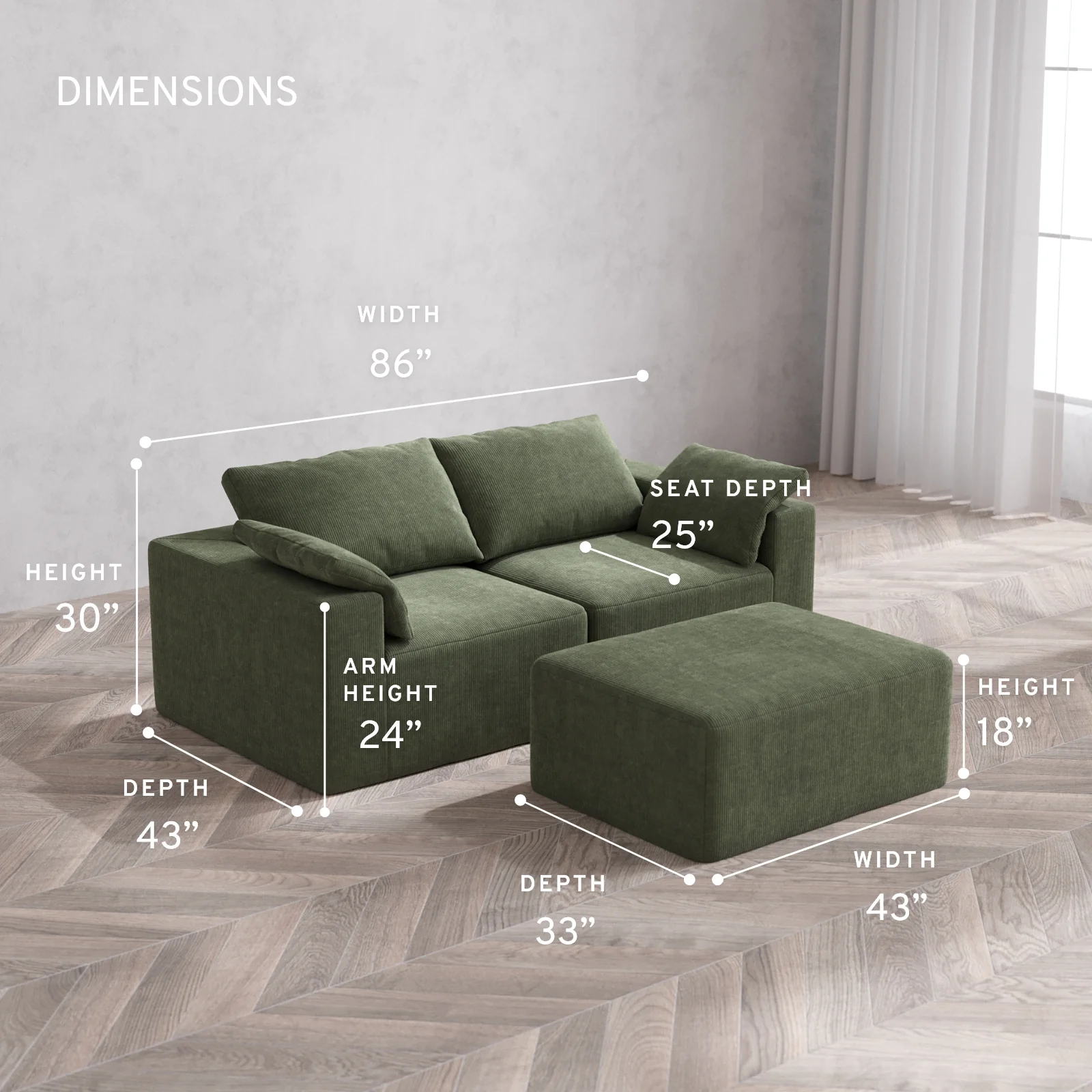 Modular Washable 2-Seater + Chaise Ottoman Cloud Sofa | Luxe Corduroy in Juniper - Image 5