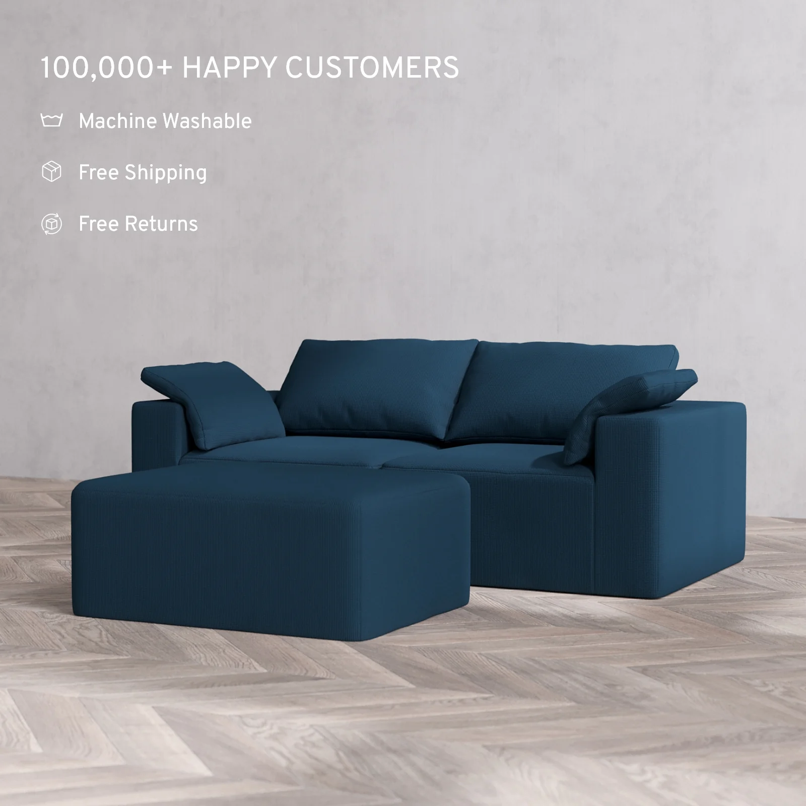 Modular Washable 2-Seater + Chaise Ottoman Cloud Sofa | Arden Weave in Lazuli - Image 2