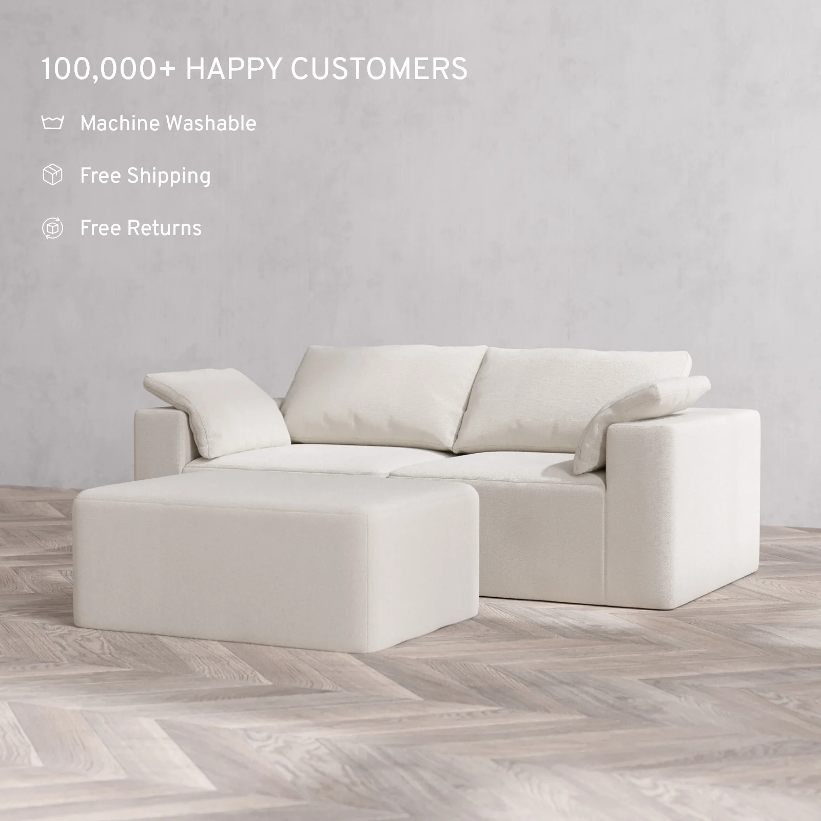 Modular Washable 2-Seater + Chaise Ottoman Cloud Sofa | Lux Weave in Pearl - Image 2