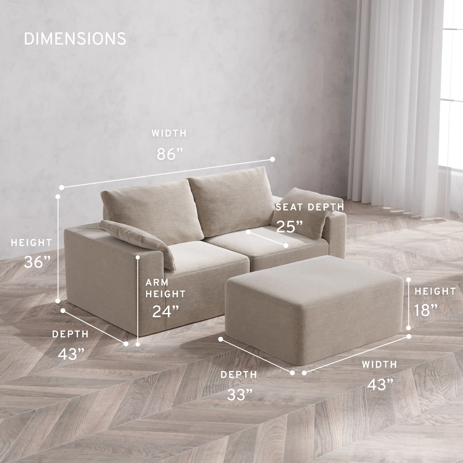 Modular Washable 2-Seater + Chaise Ottoman Cloud + Bolster Sofa | Satin Velvet in Caraway - Image 5