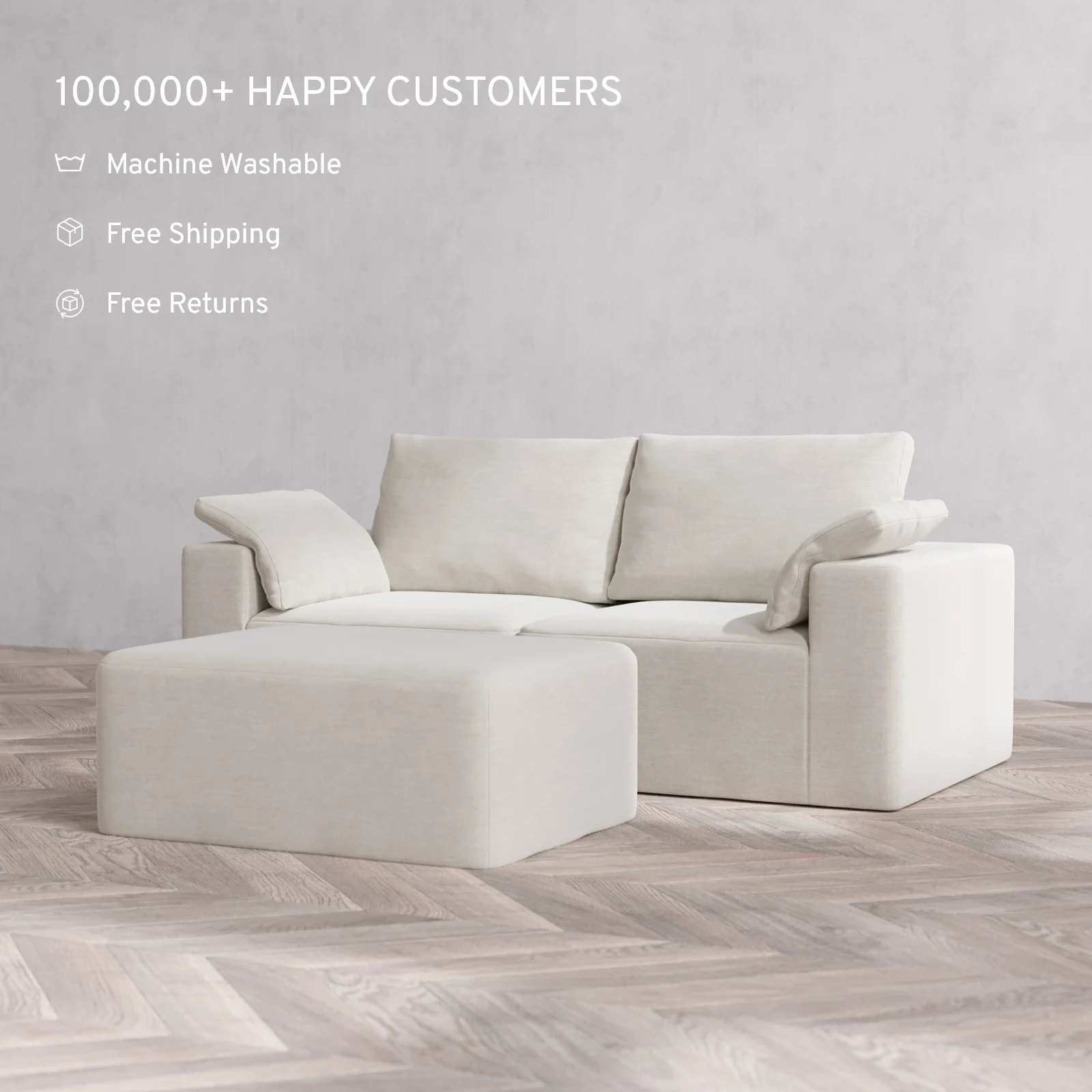 Modular Washable 2-Seater + Chaise Ottoman Cloud + Bolster Sofa | Satin Velvet in Cashew - Image 2