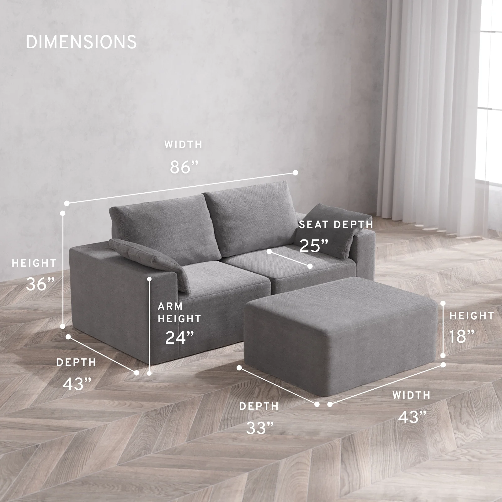 Modular Washable 2-Seater + Chaise Ottoman Cloud + Bolster Sofa | Lux Weave in Slate - Image 5