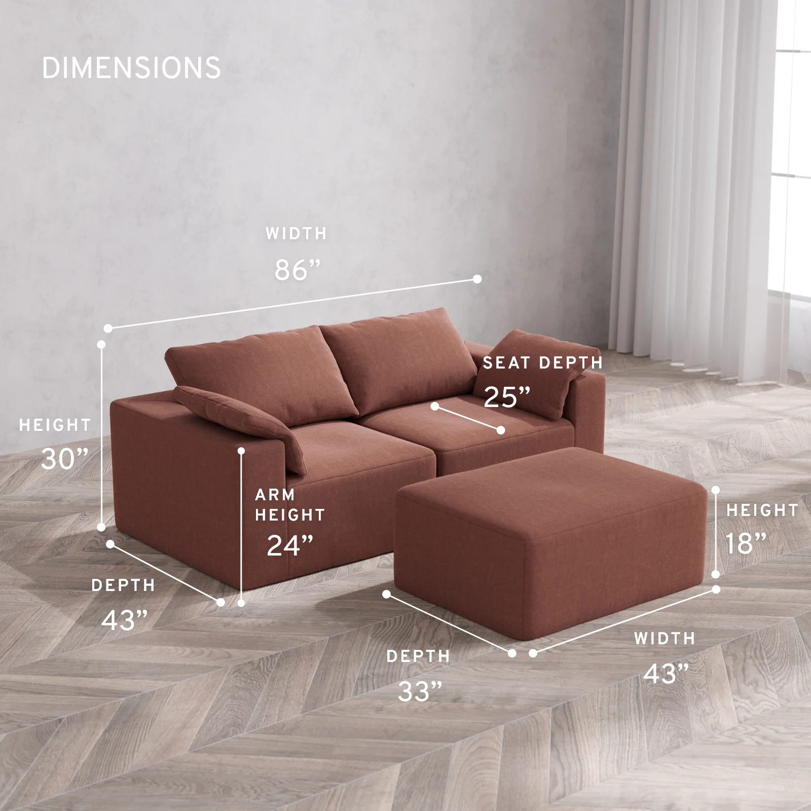 Modular Washable 2-Seater + Chaise Ottoman Cloud Sofa | Heirloom Velvet in Sumac - Image 5