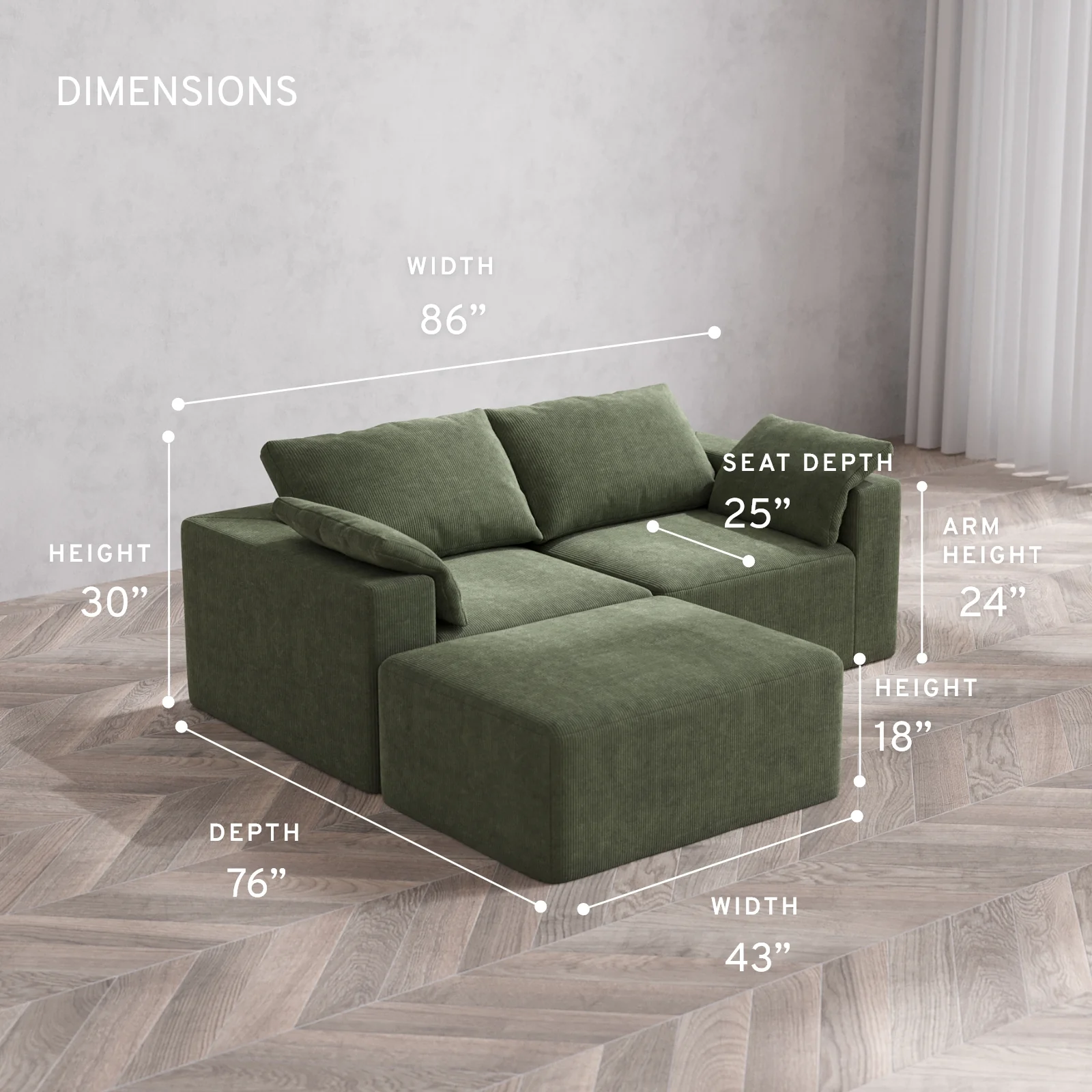 Modular Washable 2-Seater Chaise Sectional Cloud Sofa | Luxe Corduroy in Juniper - Image 5