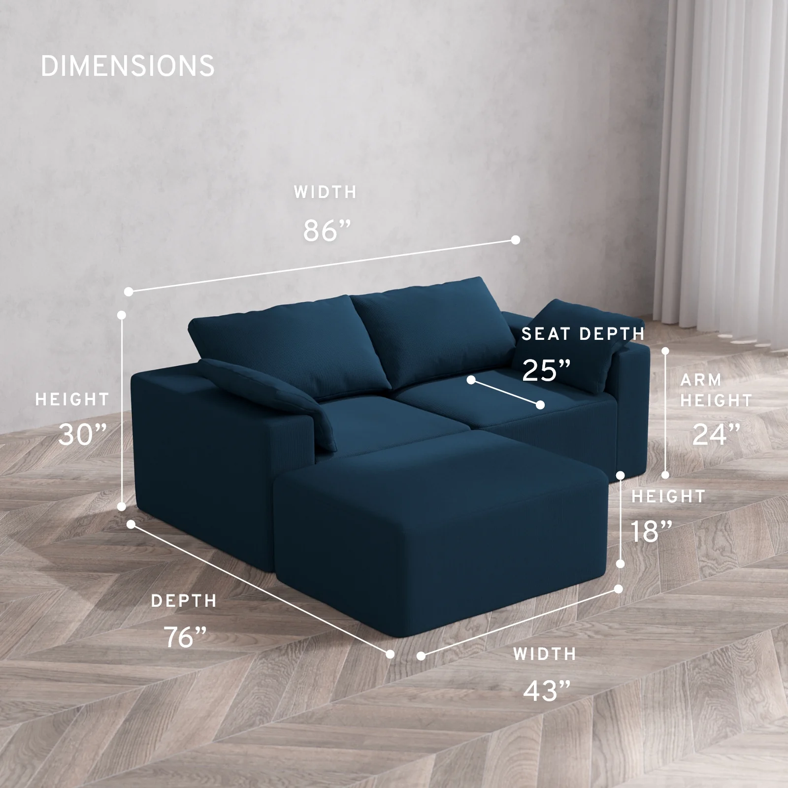 Modular Washable 2-Seater Chaise Sectional Cloud Sofa | Arden Weave in Lazuli - Image 5