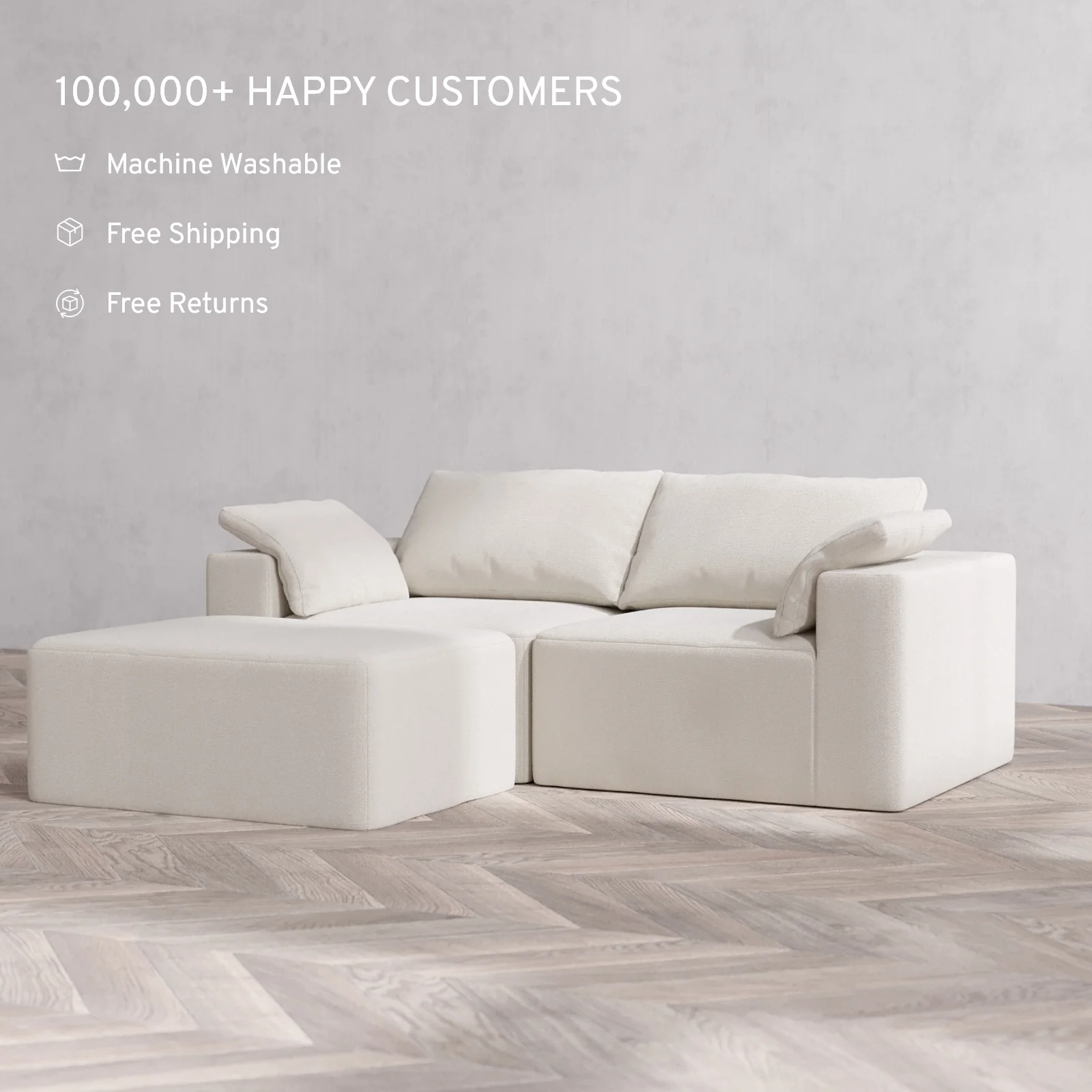 Modular Washable 2-Seater Chaise Sectional Cloud Sofa | Lux Weave in Pearl - Image 2