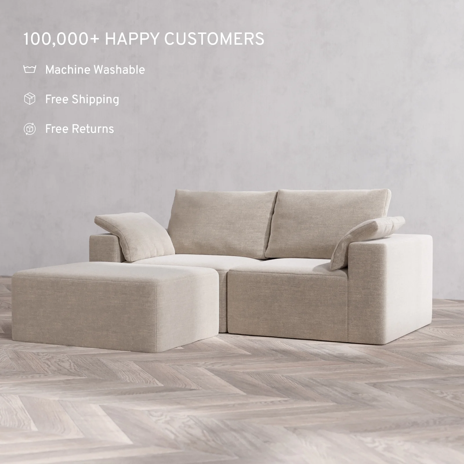 Modular Washable 2-Seater Chaise Sectional Cloud + Bolster Sofa | Satin Velvet in Caraway - Image 2