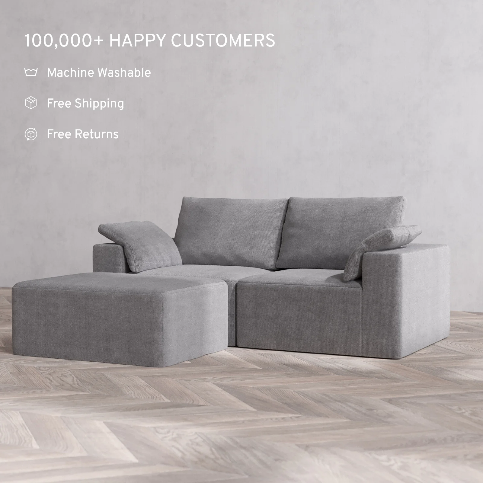 Modular Washable 2-Seater Chaise Sectional Cloud + Bolster Sofa | Lux Weave in Slate - Image 2