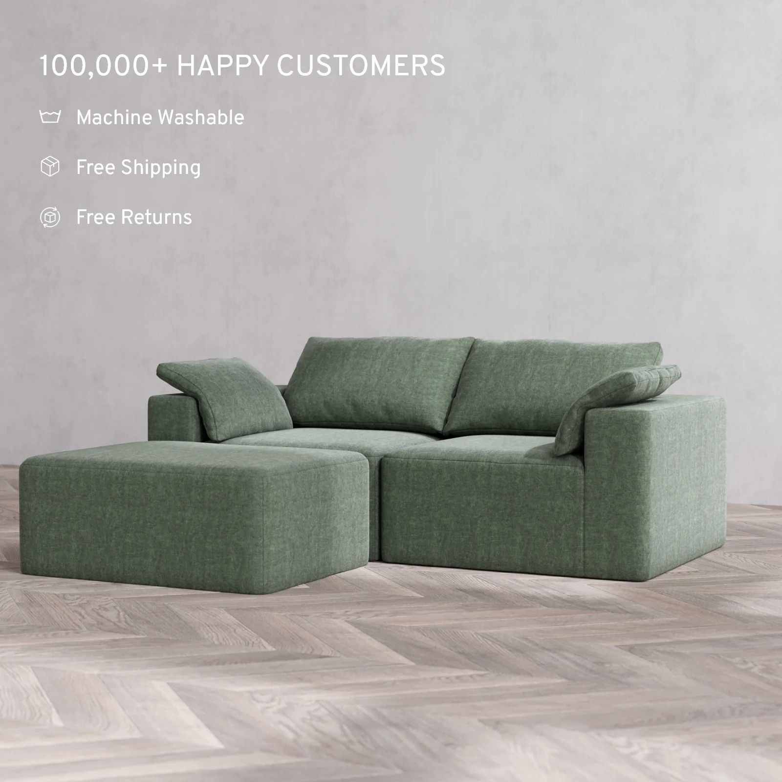 Modular Washable 2-Seater Chaise Sectional Cloud Sofa | Heirloom Velvet in Sage - Image 2