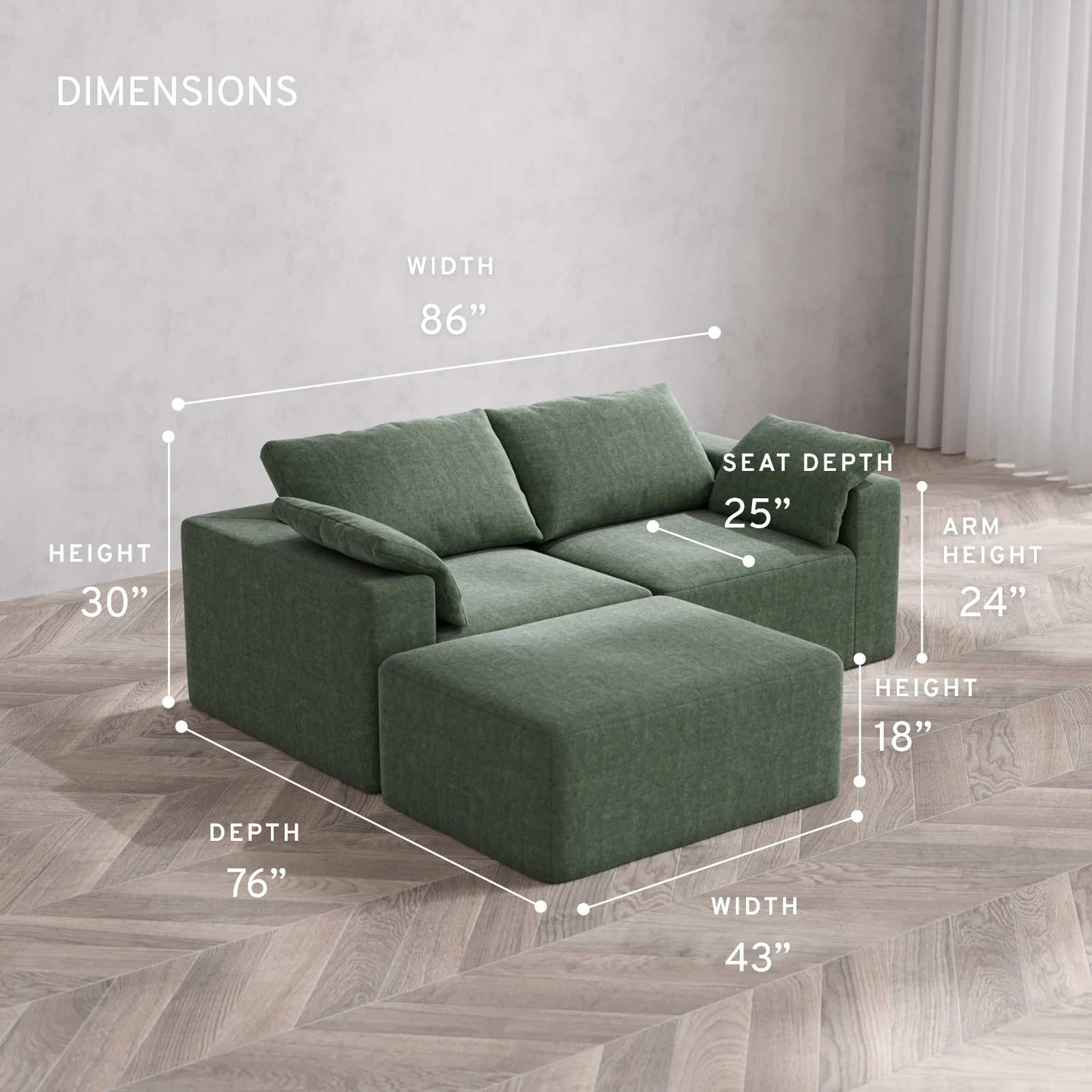 Modular Washable 2-Seater Chaise Sectional Cloud Sofa | Heirloom Velvet in Sage - Image 5