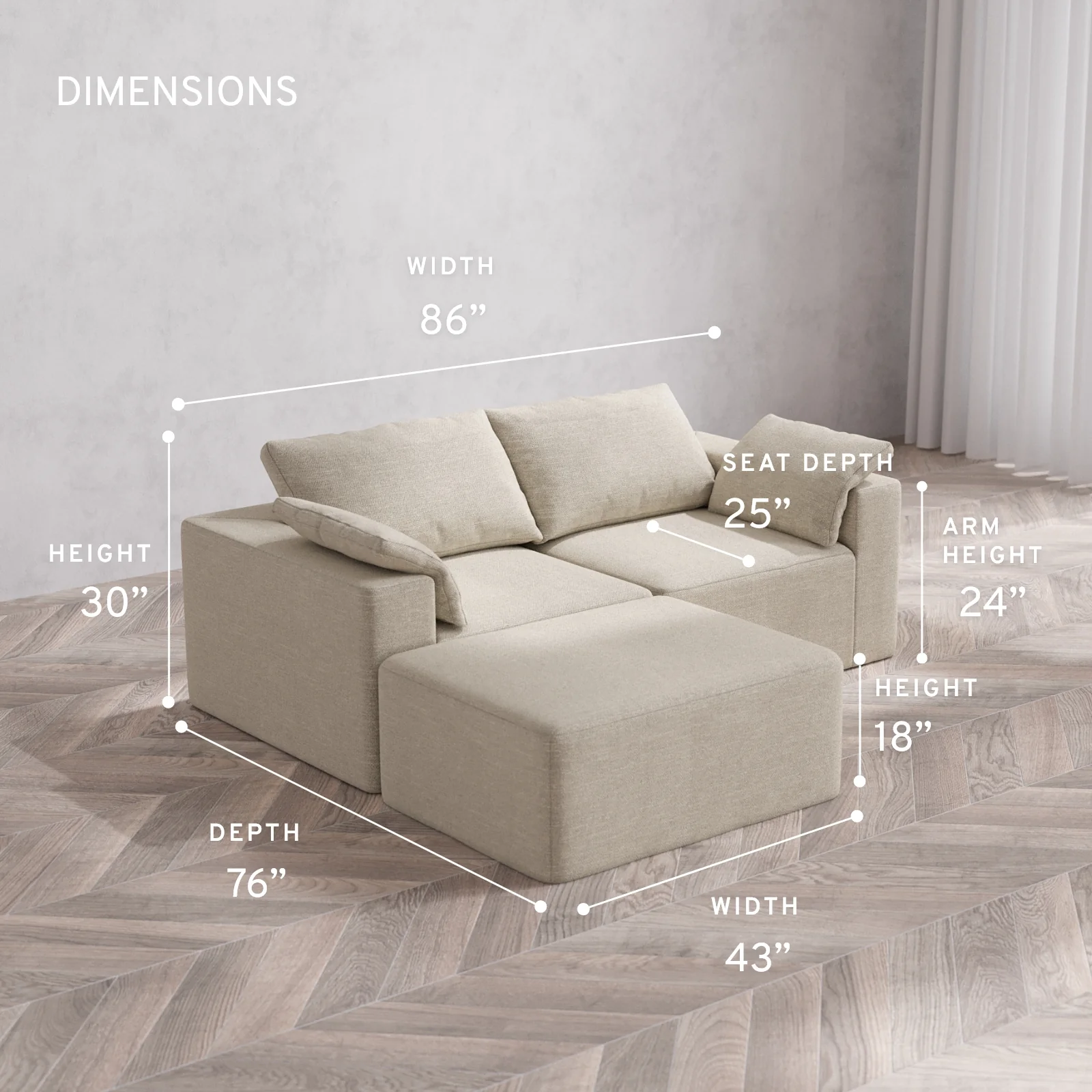 Modular Washable 2-Seater Chaise Sectional Cloud Sofa | Plush Twill in Sandstone - Image 5