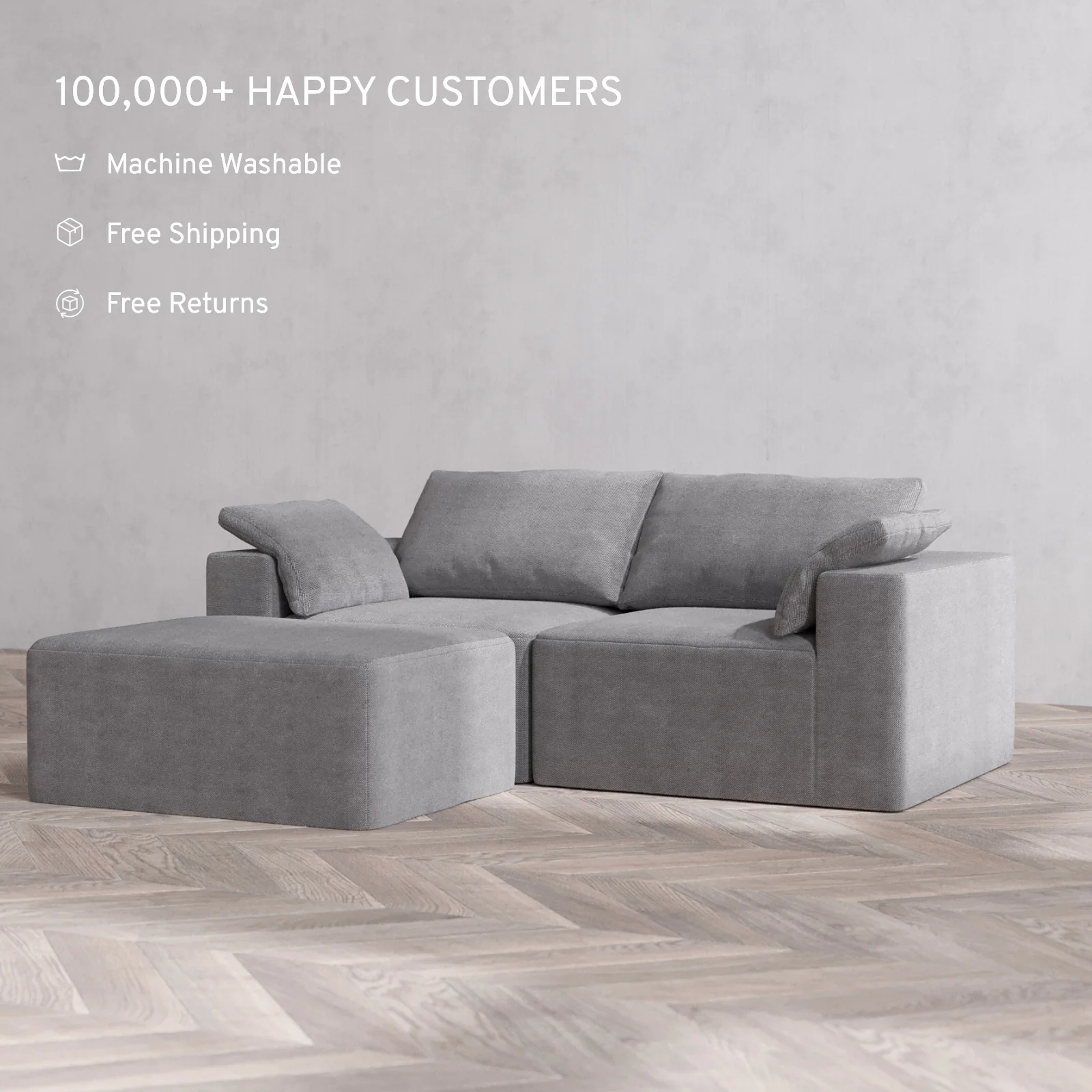 Modular Washable 2-Seater Chaise Sectional Cloud Sofa | Lux Weave in Slate - Image 2