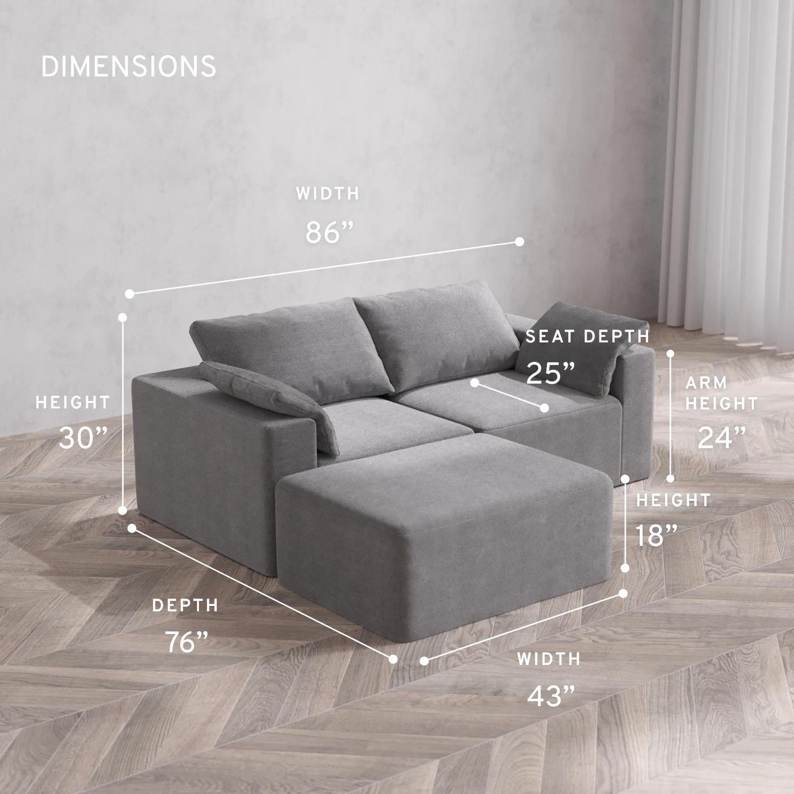 Modular Washable 2-Seater Chaise Sectional Cloud Sofa | Lux Weave in Slate - Image 5