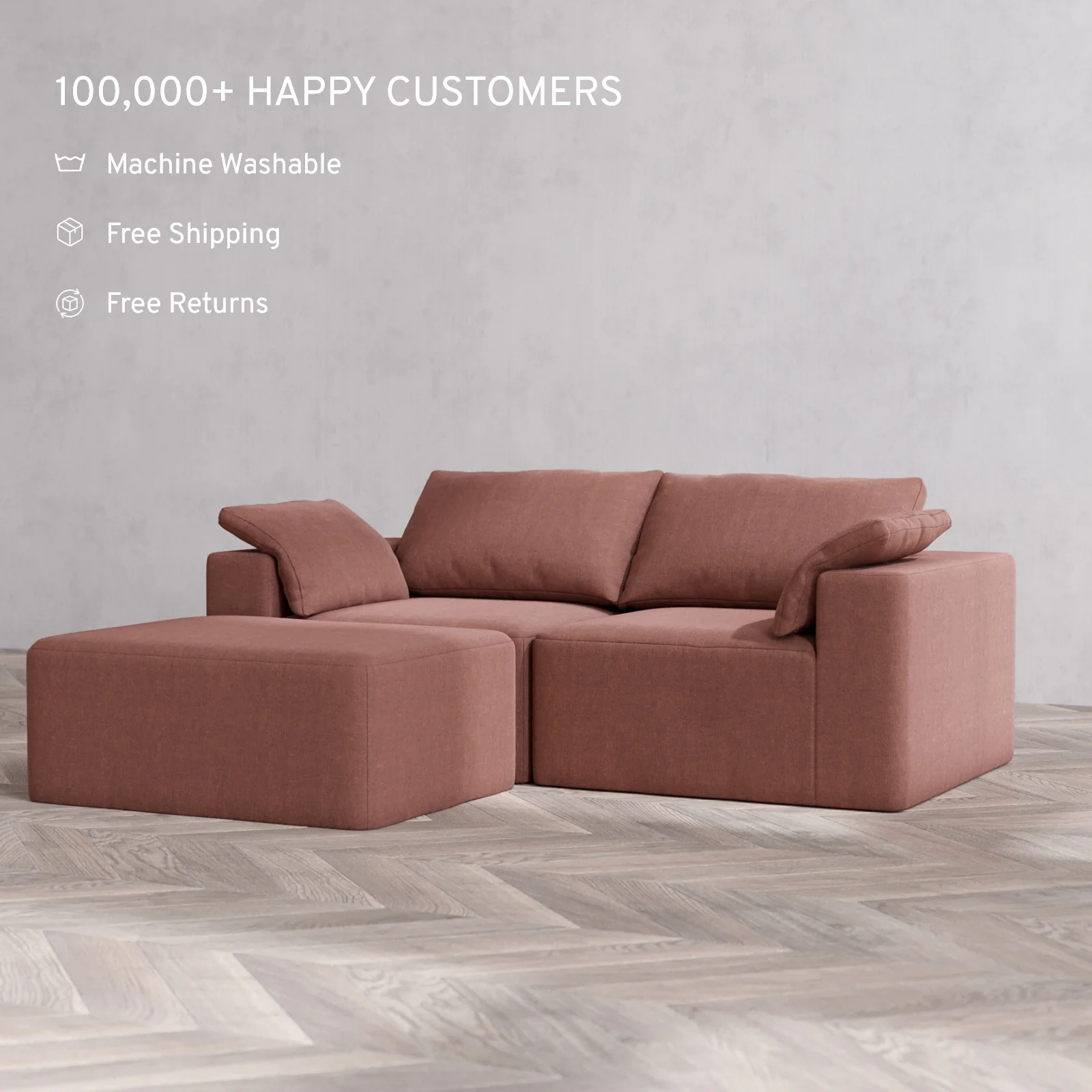 Modular Washable 2-Seater Chaise Sectional Cloud Sofa | Heirloom Velvet in Sumac - Image 2