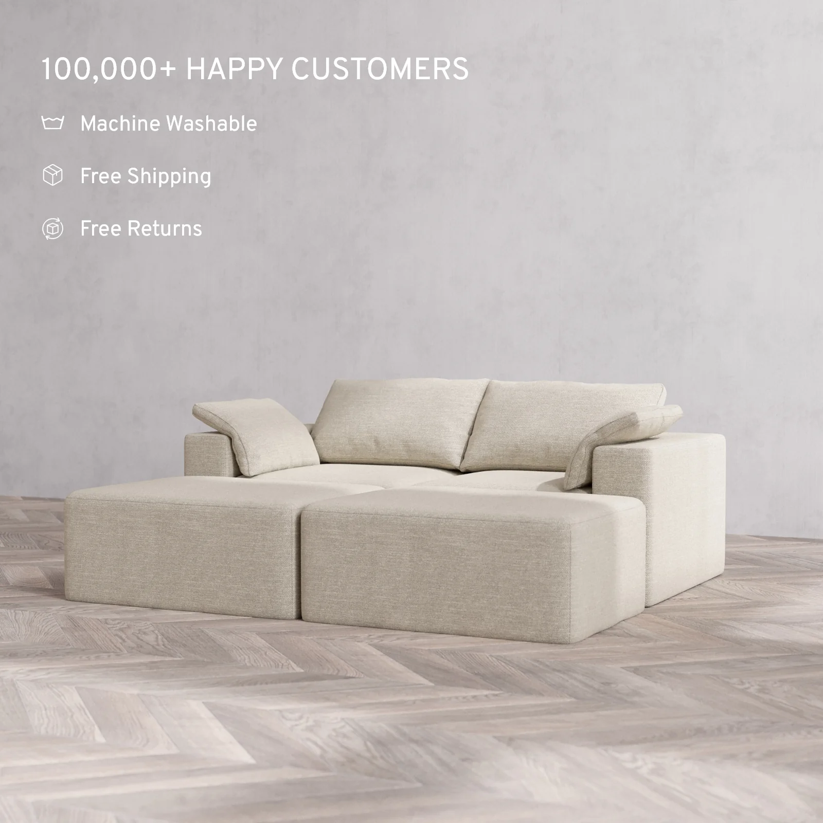 Modular Washable 2-Seater Daybed Cloud Sofa Sectional | Plush Twill in Sandstone - Image 2
