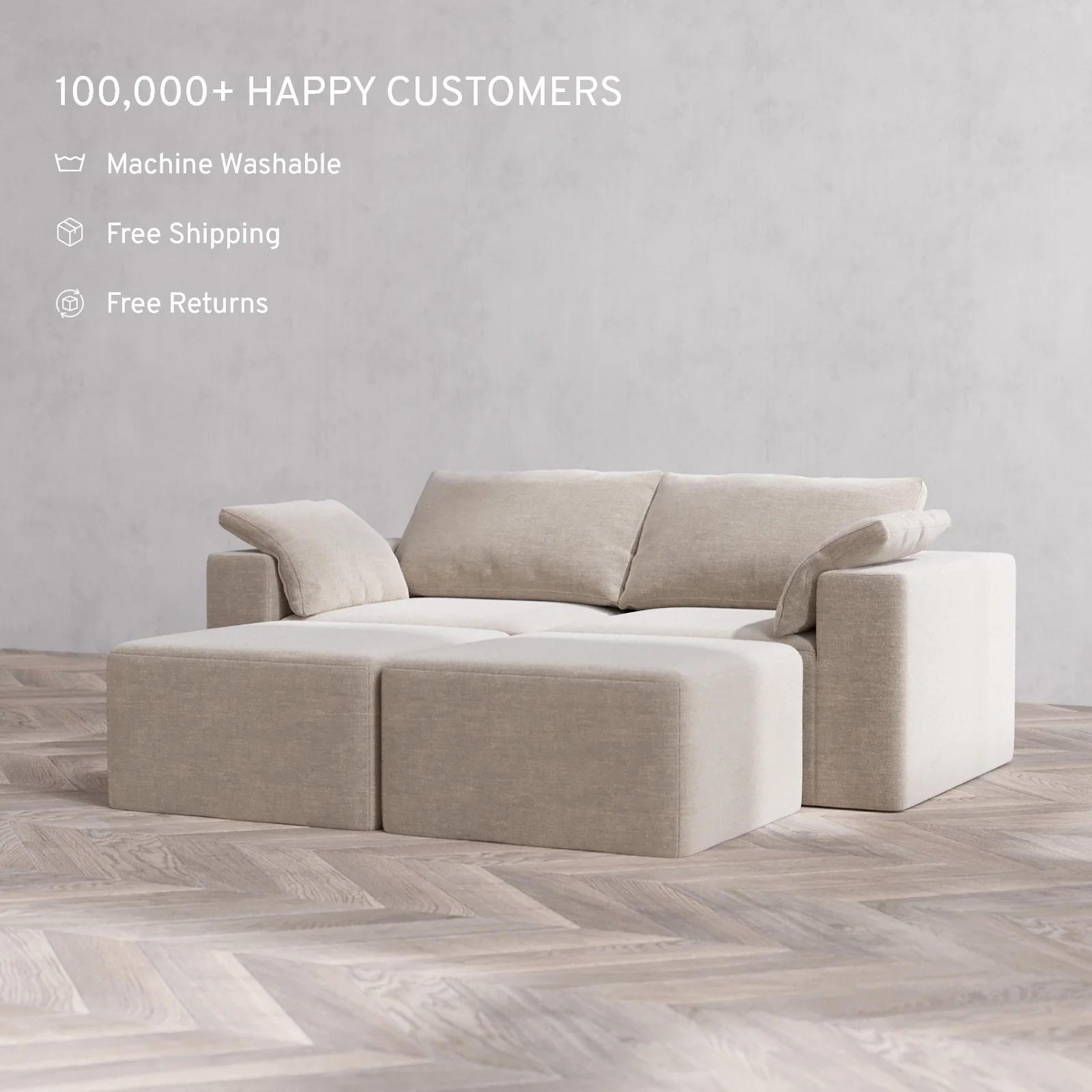 Modular Washable 2-Seater Lounge Cloud Sofa Sectional | Satin Velvet in Caraway - Image 2