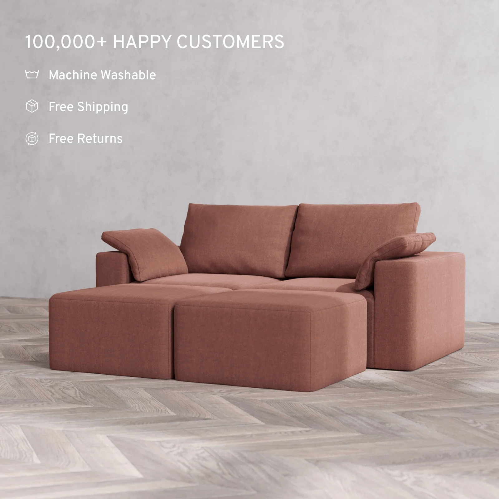Modular Washable 2-Seater Lounge Cloud + Bolster Sofa Sectional | Heirloom Velvet in Sumac - Image 2
