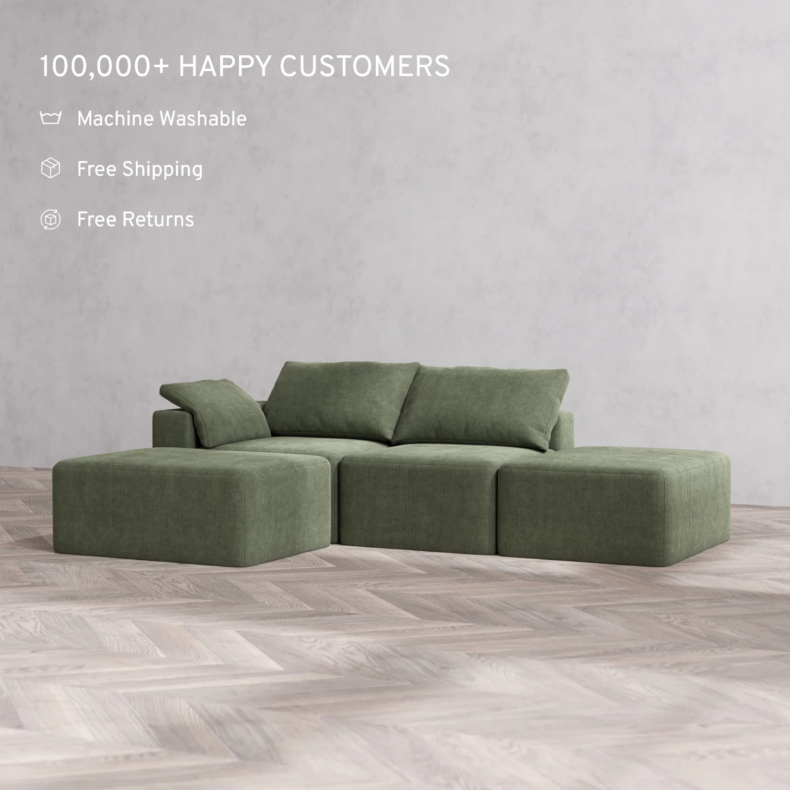 Modular Washable 2-Seater Open End Chaise Sectional Cloud Sofa | Left-Facing Arm | Luxe Corduroy in Juniper - Image 2