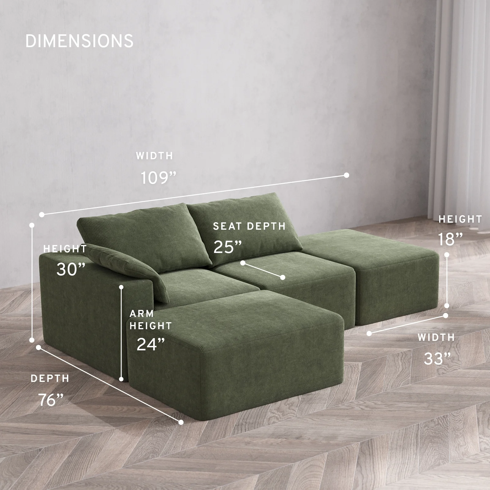 Modular Washable 2-Seater Open End Chaise Sectional Cloud Sofa | Left-Facing Arm | Luxe Corduroy in Juniper - Image 5