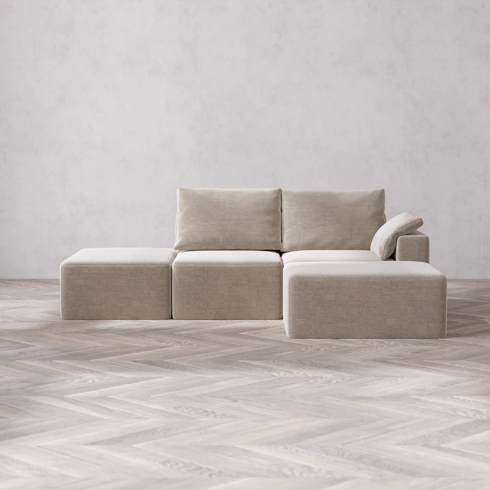 Modular Washable 2-Seater Open End Chaise Sectional Cloud + Bolster Sofa | Right-Facing Arm | Satin Velvet in Caraway