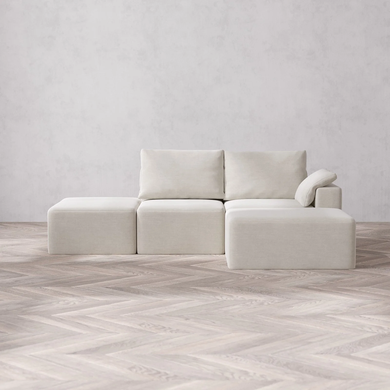 Modular Washable 2-Seater Open End Chaise Sectional Cloud + Bolster Sofa | Right-Facing Arm | Satin Velvet in Cashew