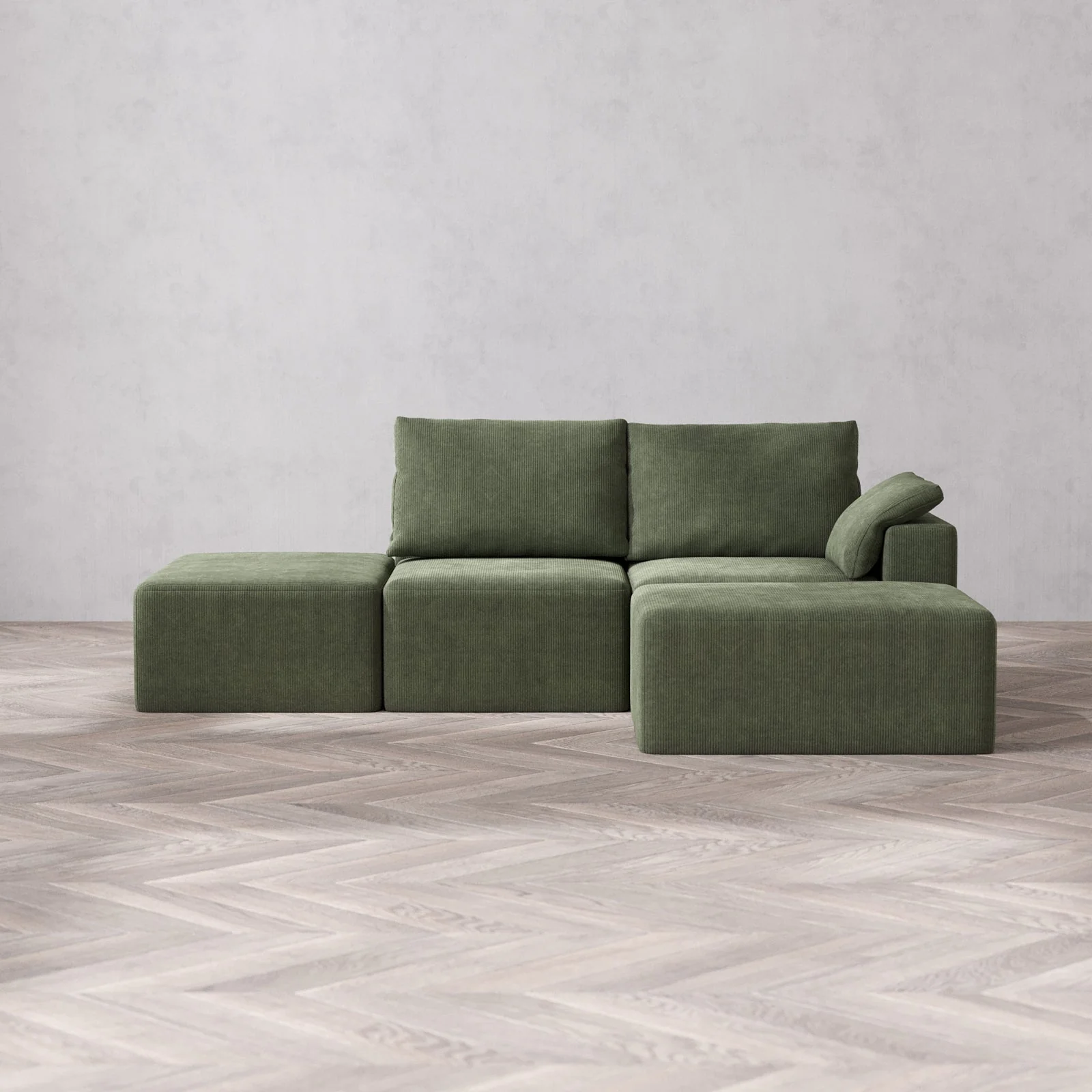 Modular Washable 2-Seater Open End Chaise Sectional Cloud + Bolster Sofa | Right-Facing Arm | Luxe Corduroy in Juniper