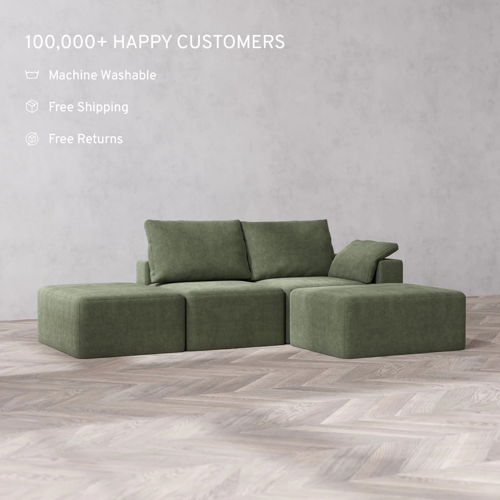 Modular Washable 2-Seater Open End Chaise Sectional Cloud + Bolster Sofa | Right-Facing Arm | Luxe Corduroy in Juniper - Image 2