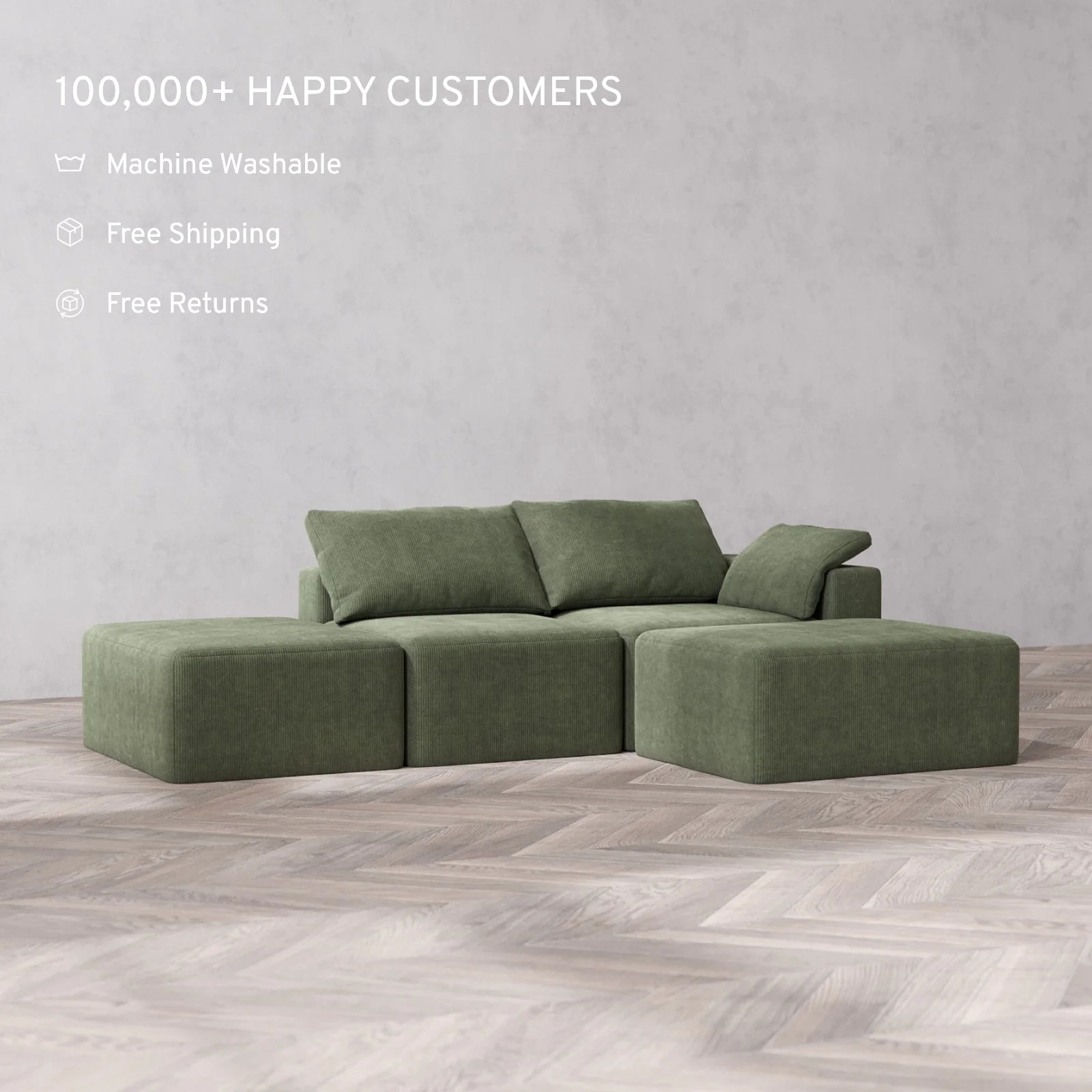 Modular Washable 2-Seater Open End Chaise Sectional Cloud Sofa | Right-Facing Arm | Luxe Corduroy in Juniper - Image 2