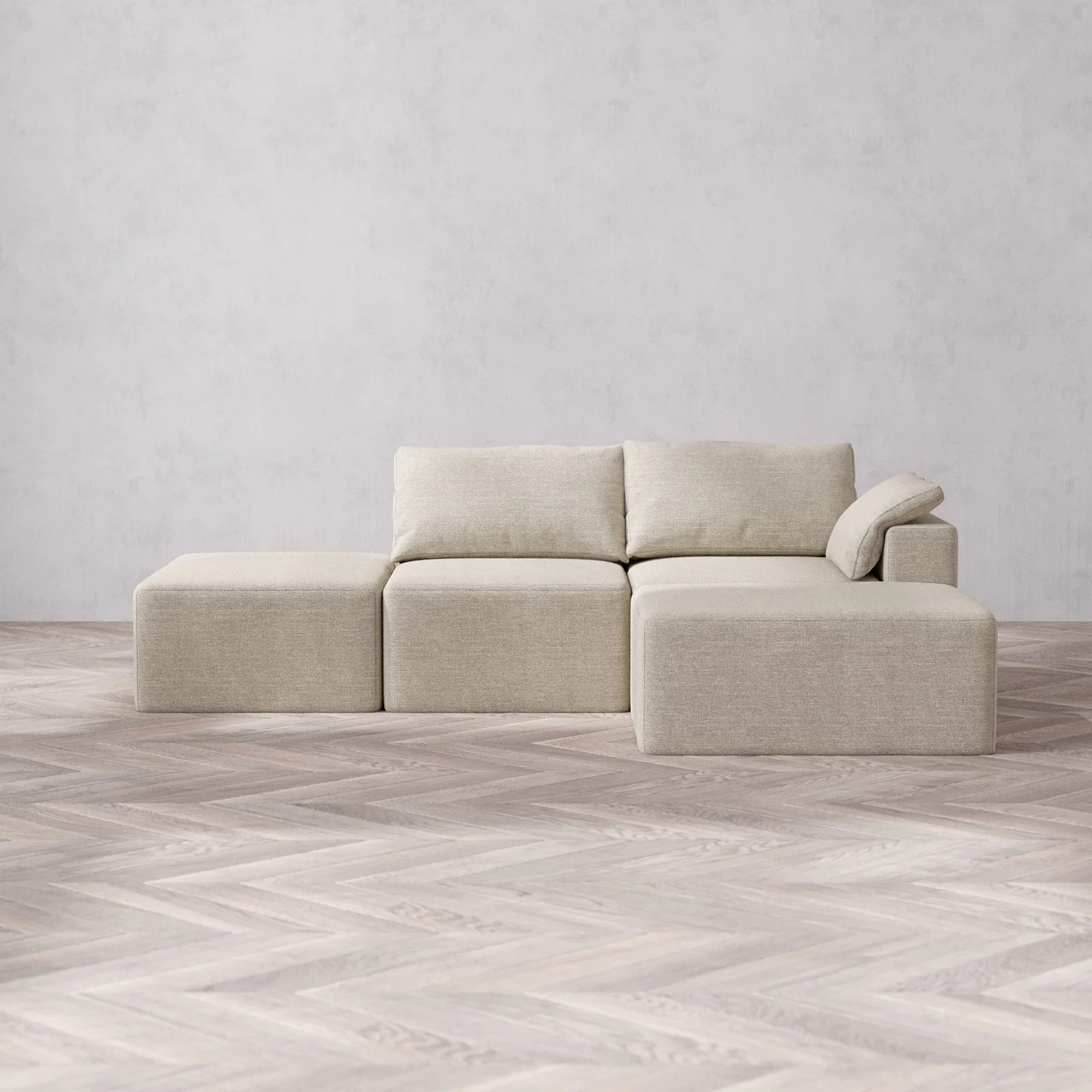 Modular Washable 2-Seater Open End Chaise Sectional Cloud Sofa | Right-Facing Arm | Plush Twill in Sandstone
