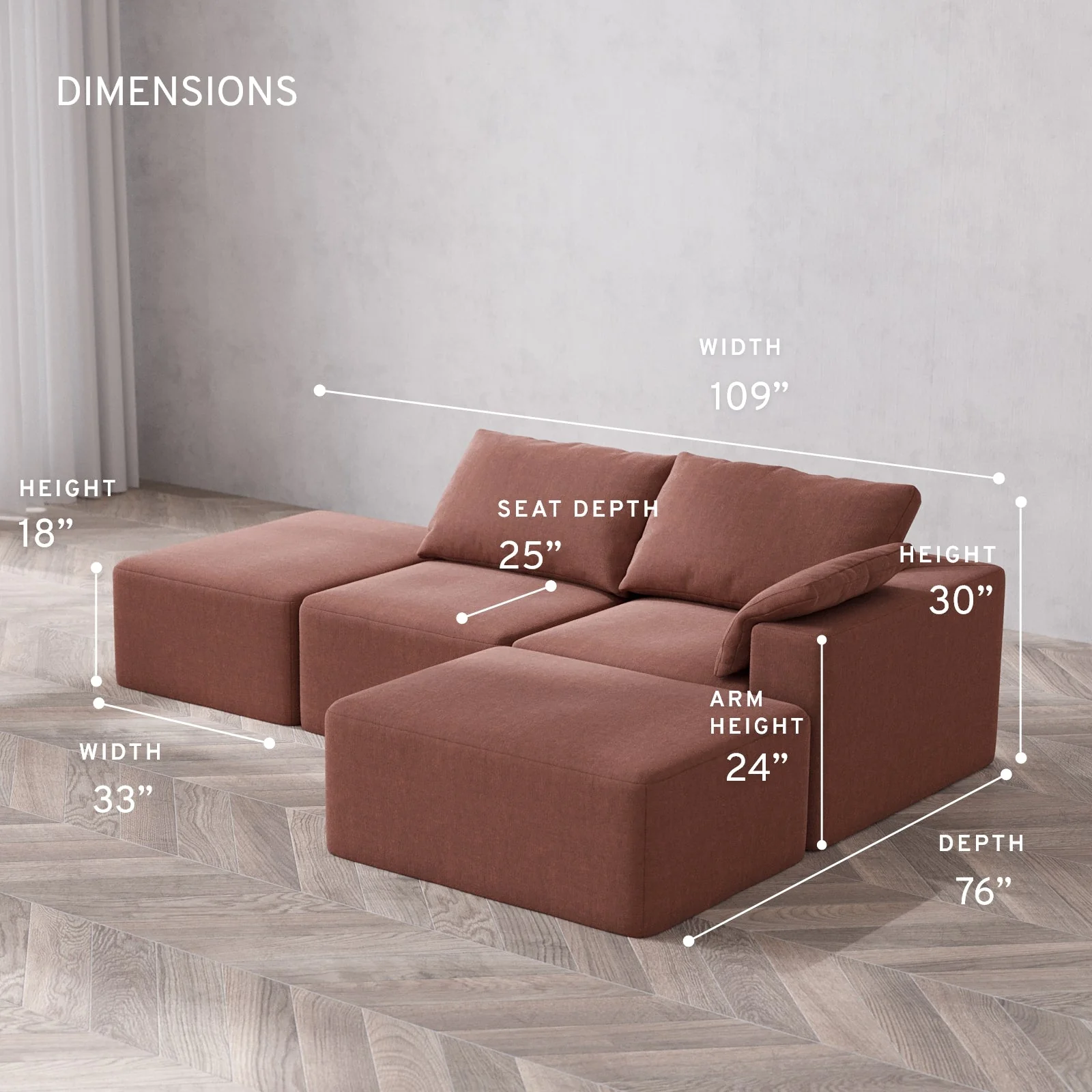 Modular Washable 2-Seater Open End Chaise Sectional Cloud Sofa | Right-Facing Arm | Heirloom Velvet in Sumac - Image 5