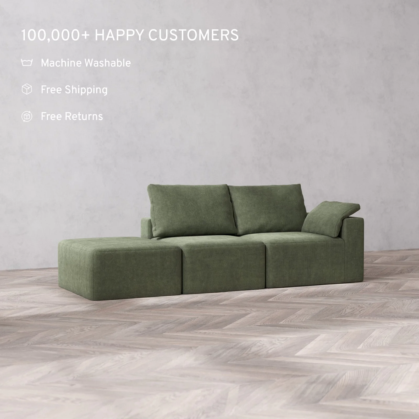 Modular Washable 2-Seater Open End Cloud + Bolster Sofa | Right-Facing Arm | Luxe Corduroy in Juniper - Image 2