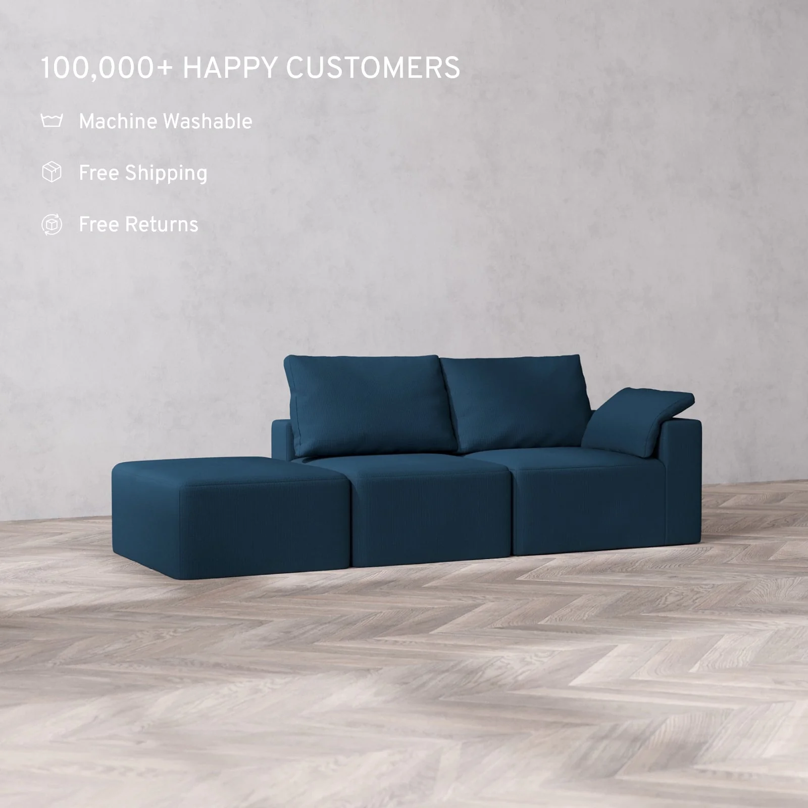Modular Washable 2-Seater Open End Cloud + Bolster Sofa | Right-Facing Arm | Arden Weave in Lazuli - Image 2