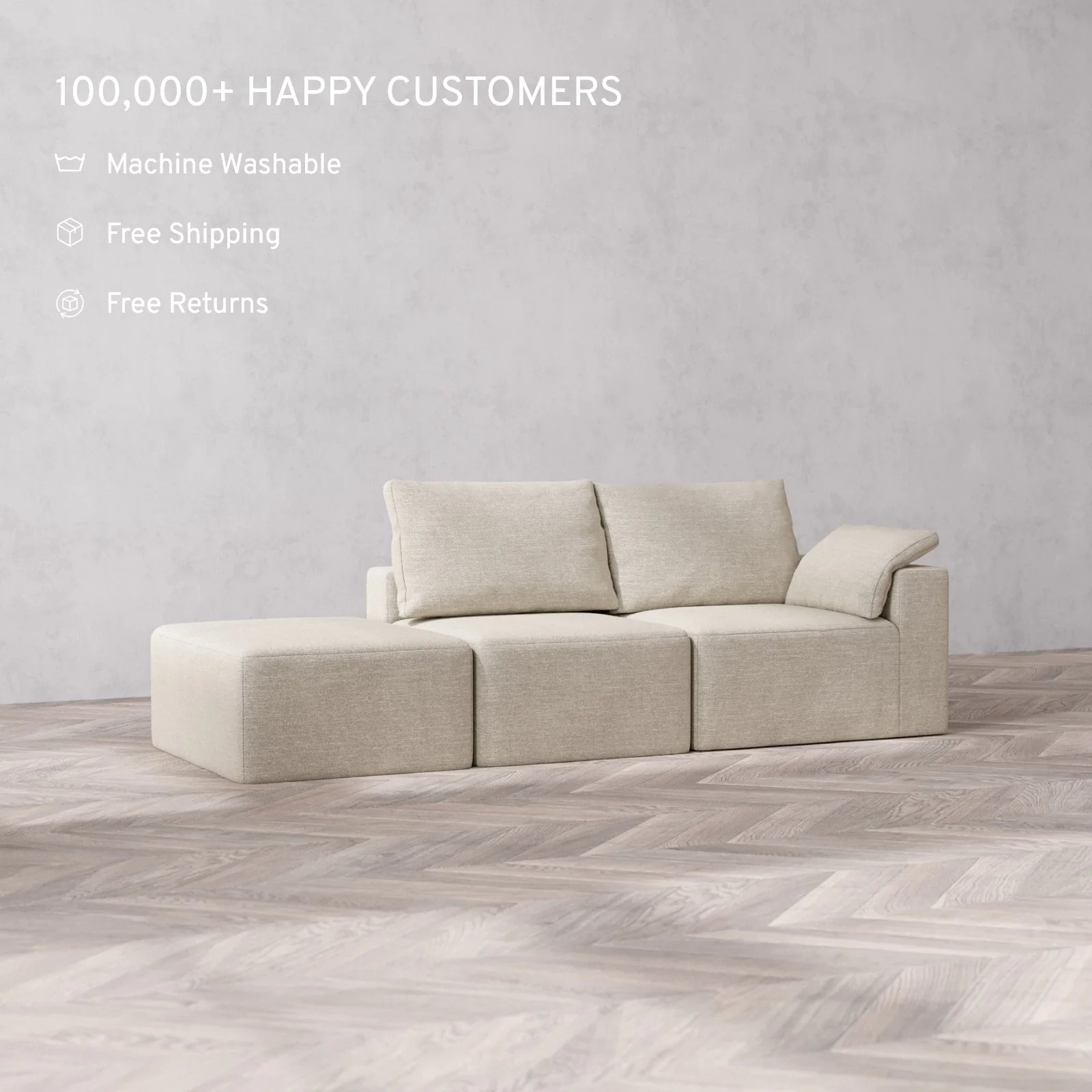 Modular Washable 2-Seater Open End Cloud + Bolster Sofa | Right-Facing Arm | Plush Twill in Sandstone - Image 2