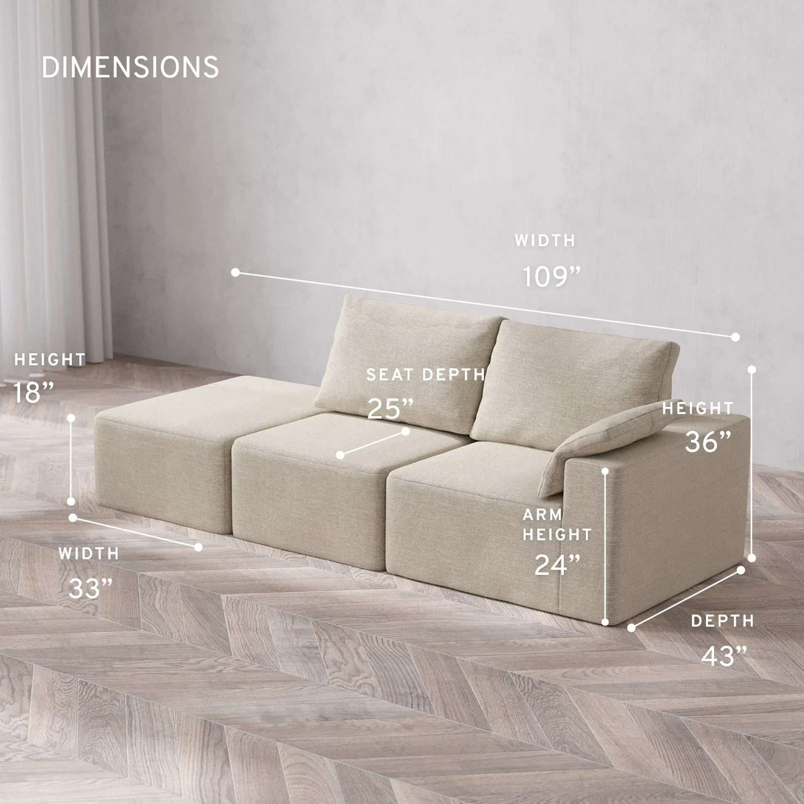 Modular Washable 2-Seater Open End Cloud + Bolster Sofa | Right-Facing Arm | Plush Twill in Sandstone - Image 5