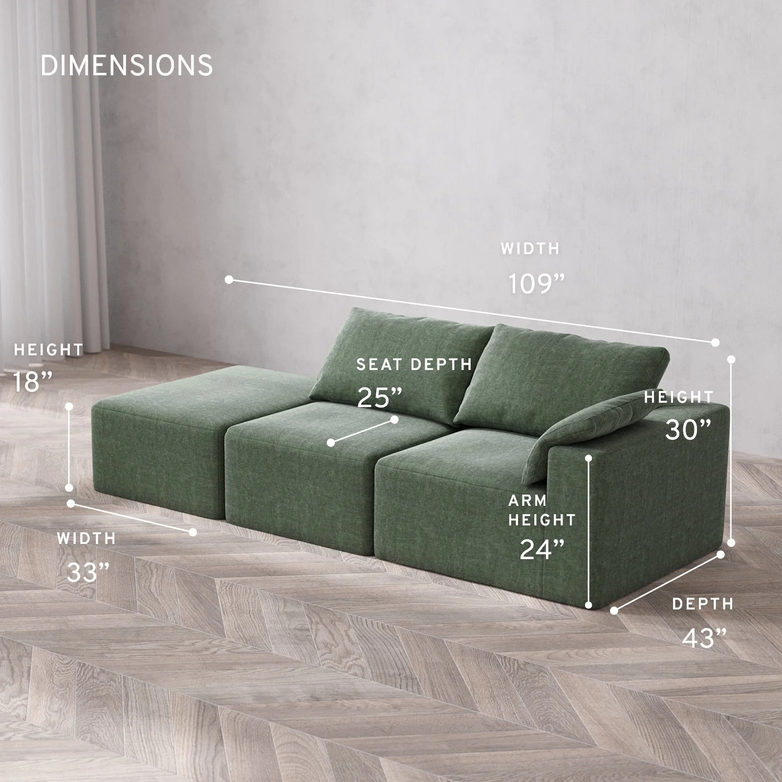 Modular Washable 2-Seater Open End Cloud Sofa | Right-Facing Arm | Heirloom Velvet in Sage - Image 5