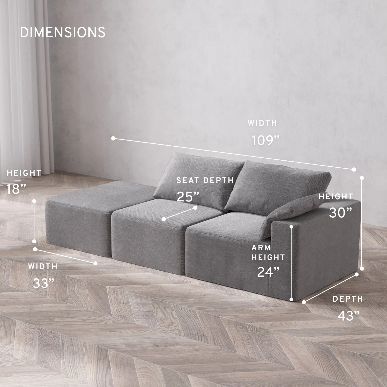 Modular Washable 2-Seater Open End Cloud Sofa | Right-Facing Arm | Lux Weave in Slate - Image 5